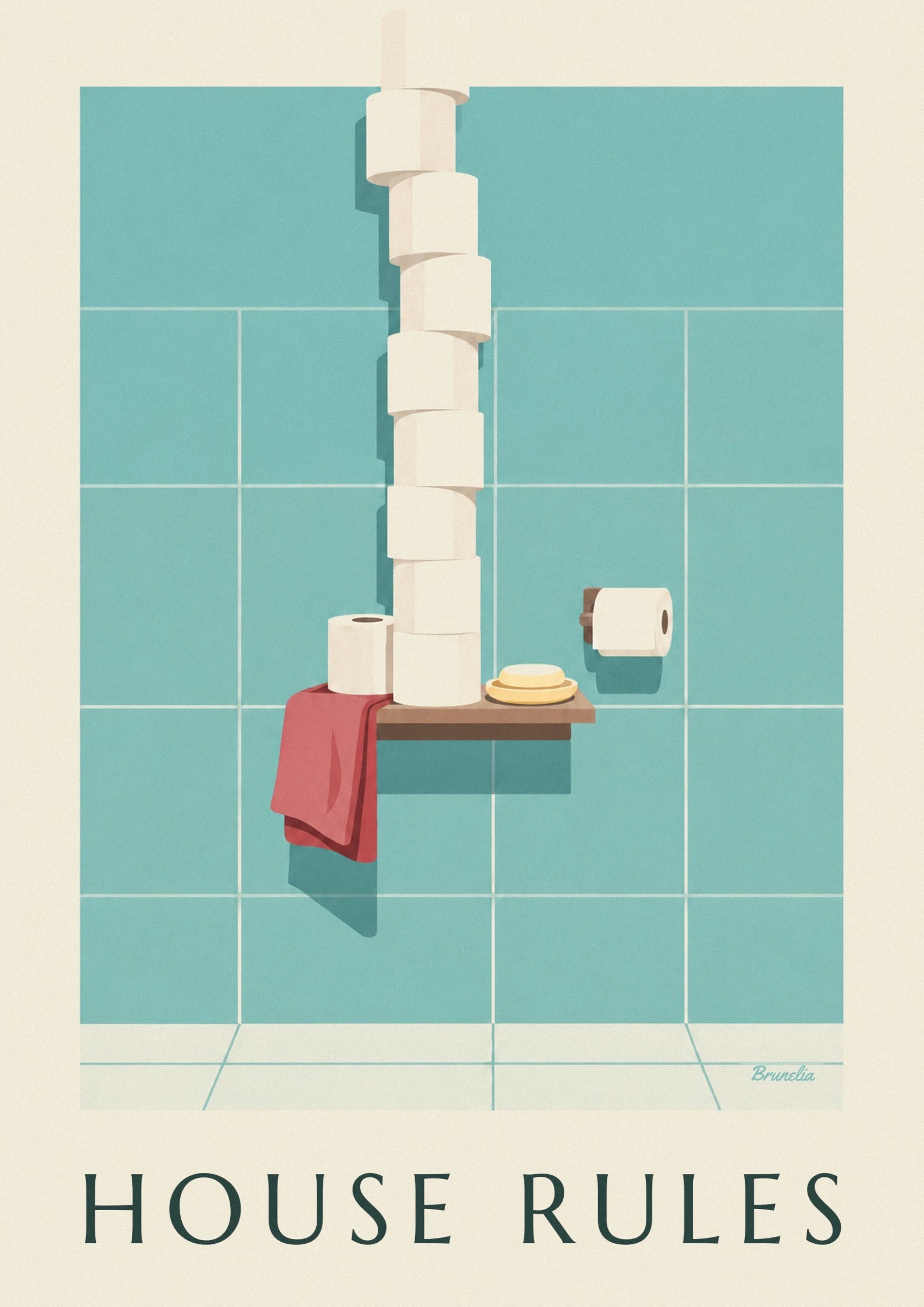 Une pile de rouleaux de papier toilette blancs devant le carrelage turquoise