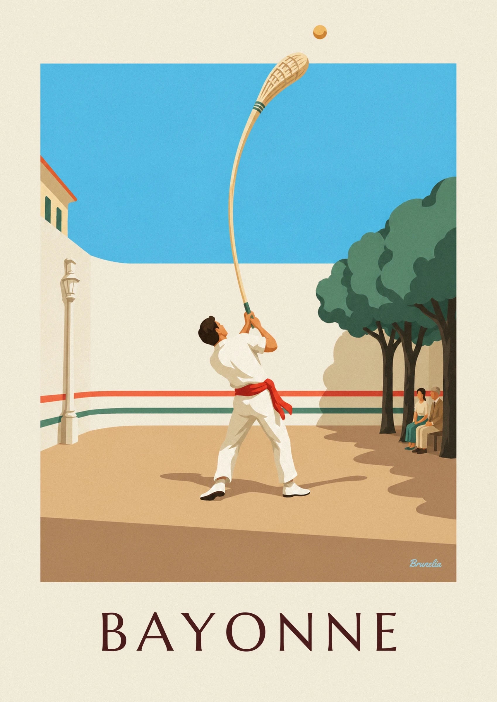 The player in white with a red sash and raised arms in front of the pelota wall