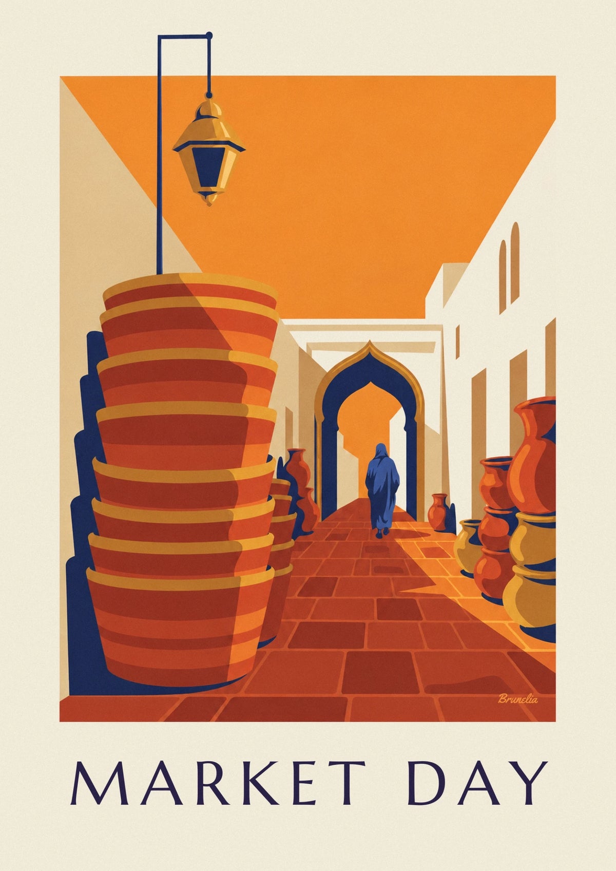 Bazaar alley with baskets, copper pots and lanterns poster