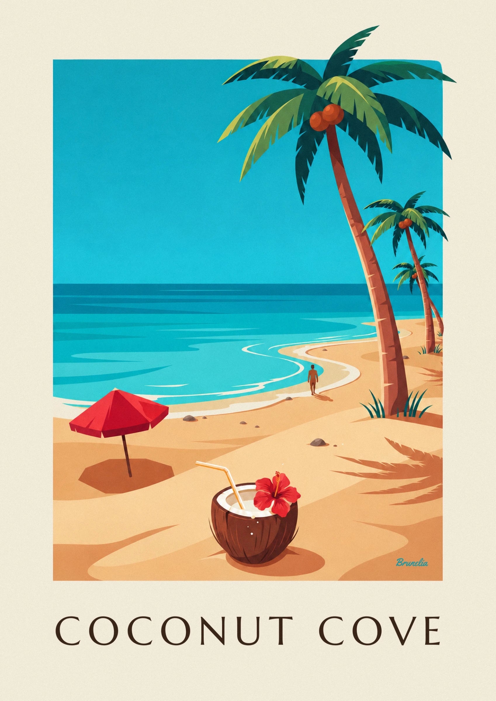 A coconut with a straw and a red flower on the golden sand