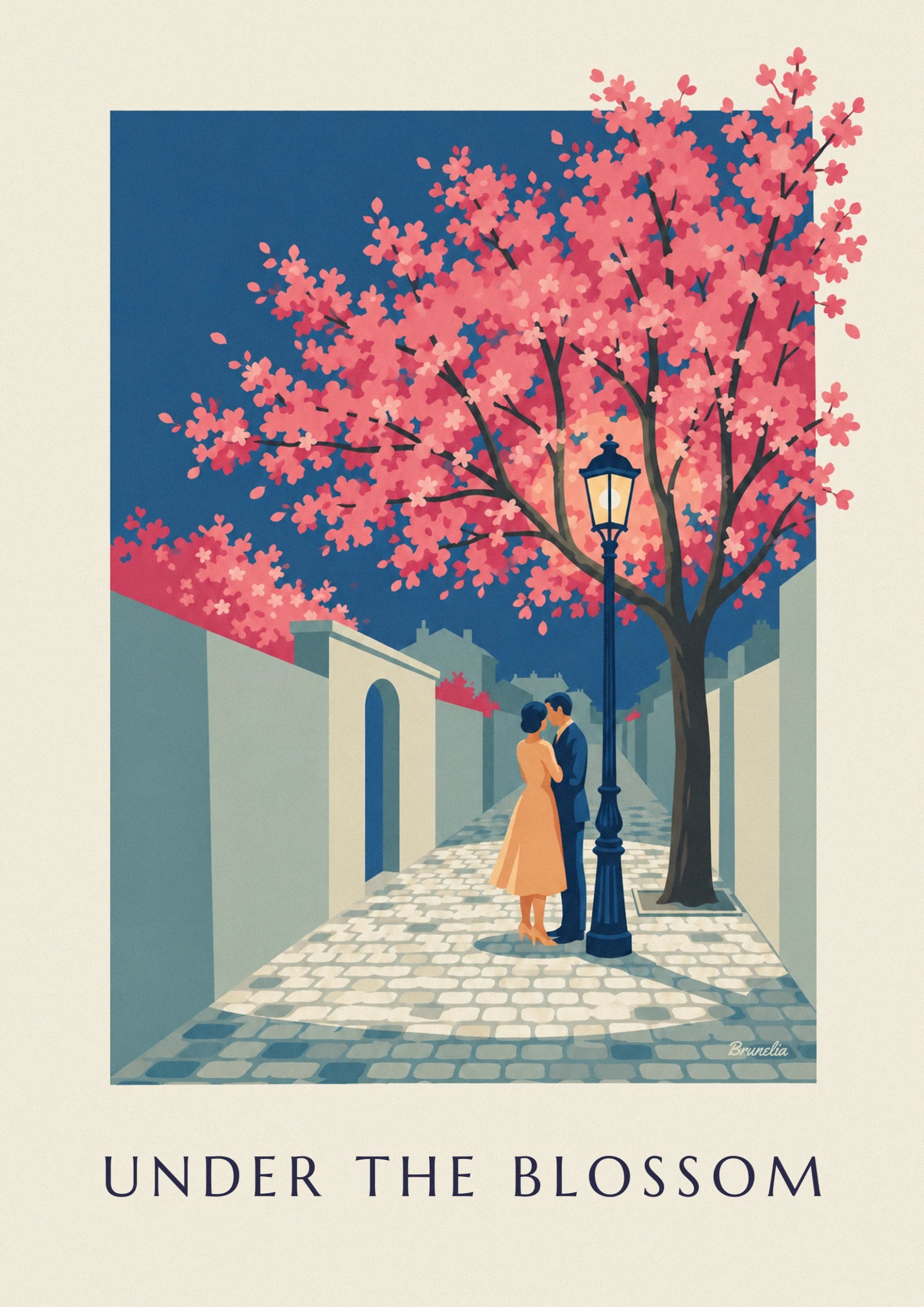 The couple embracing beneath the blue street lamp, the woman in an orange dress, on the cobbles