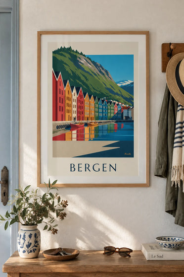 Poster of the Bryggen wharf, colorful houses and the harbor of Bergen: framed on the wall