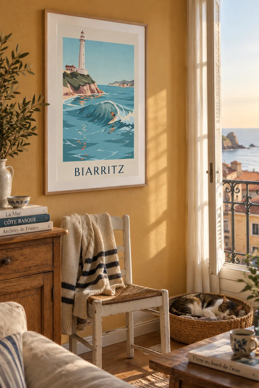 Affiche surfeur sous le phare de Biarritz sur la côte basque : encadrée au mur