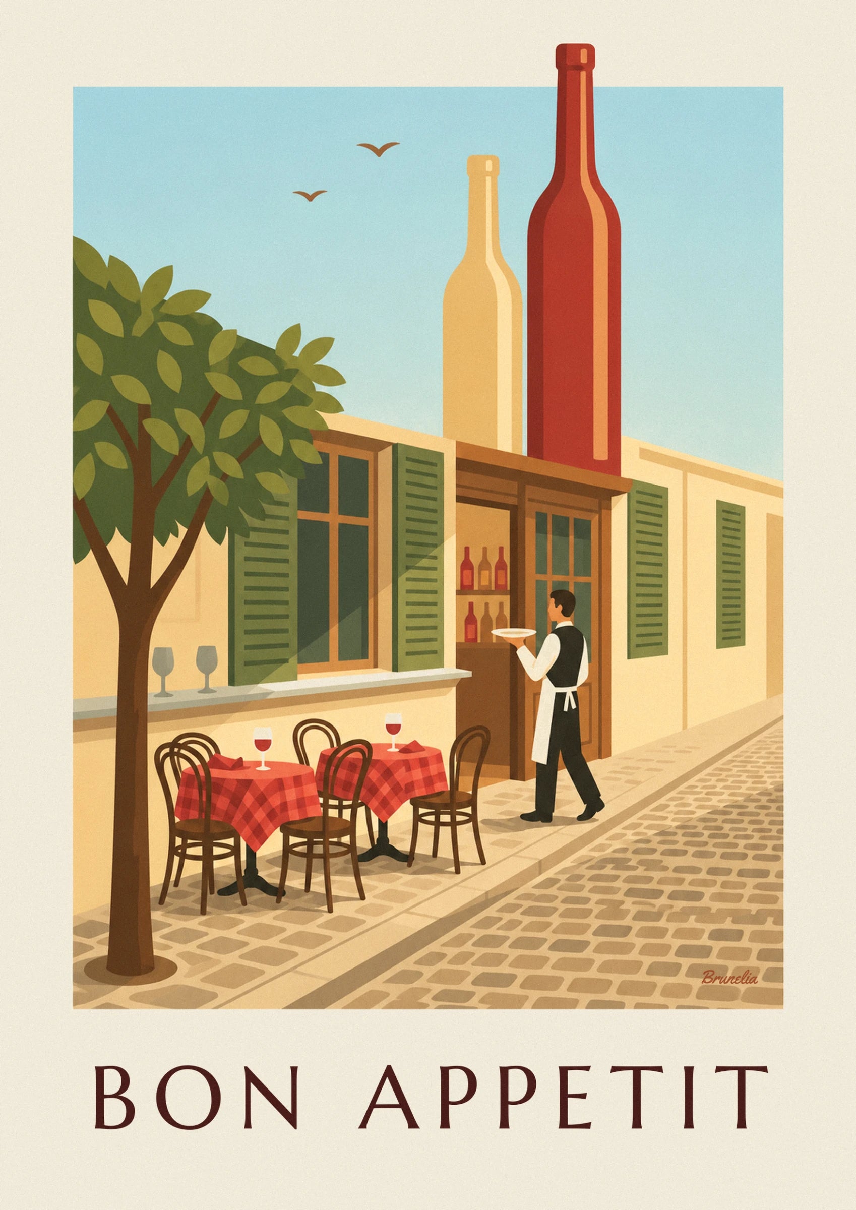 The waiter in a black waistcoat and white apron carrying a plate in front of the counter, on the cobbled pavement