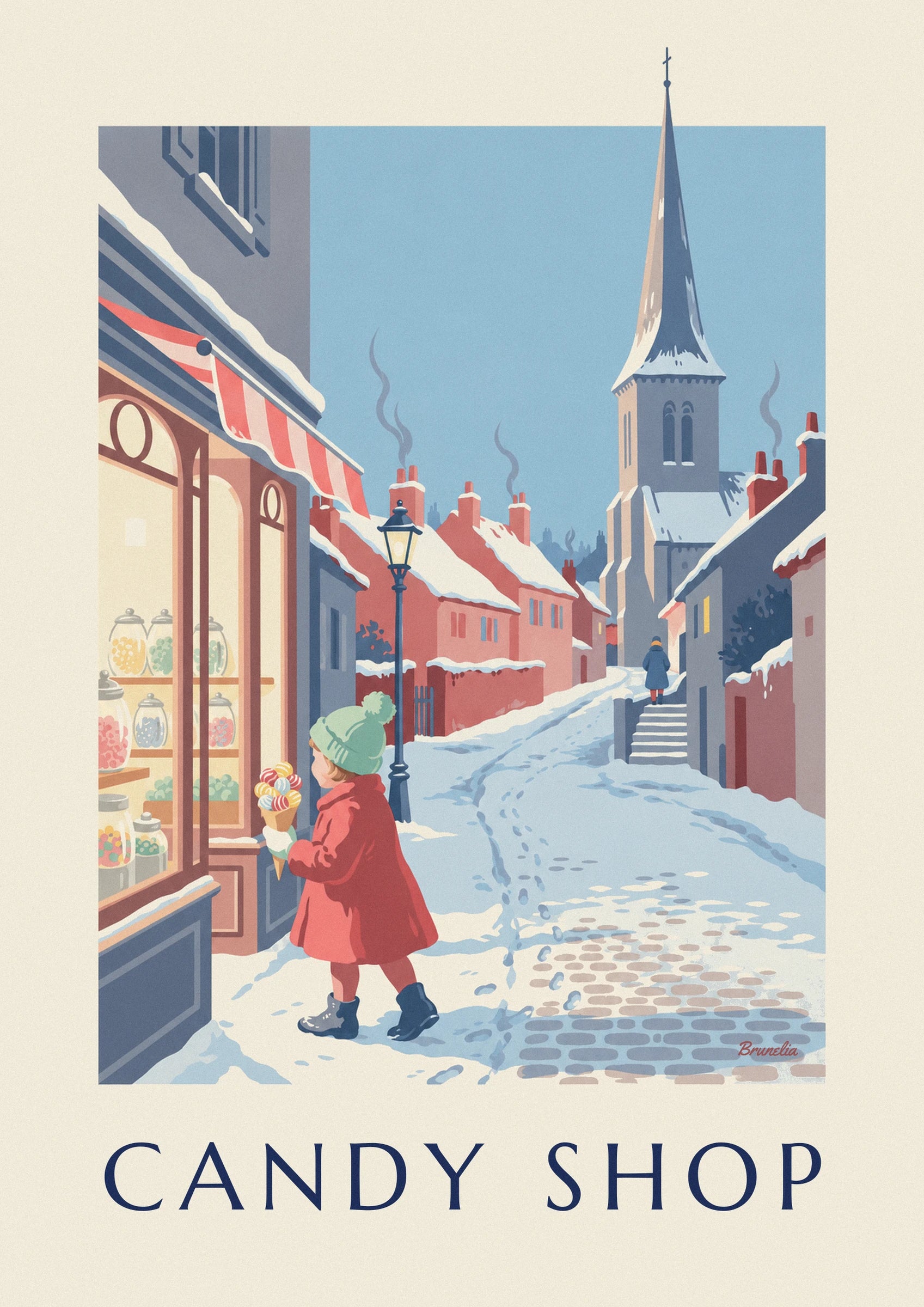 The little girl in a green hat and red coat, holding her cone of sweets in front of the shop window