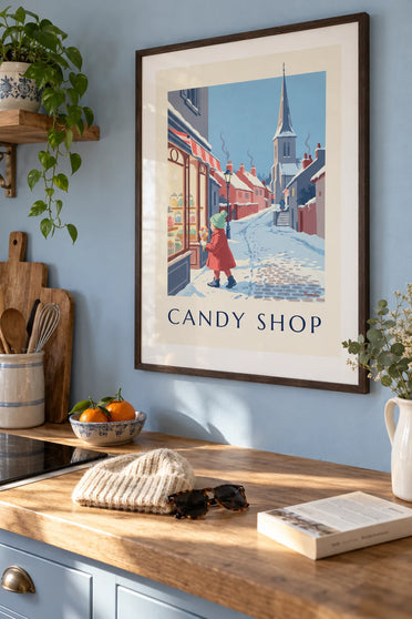 Poster of a little girl with a paper cone of candy in front of a candy shop in the snow: framed on the wall