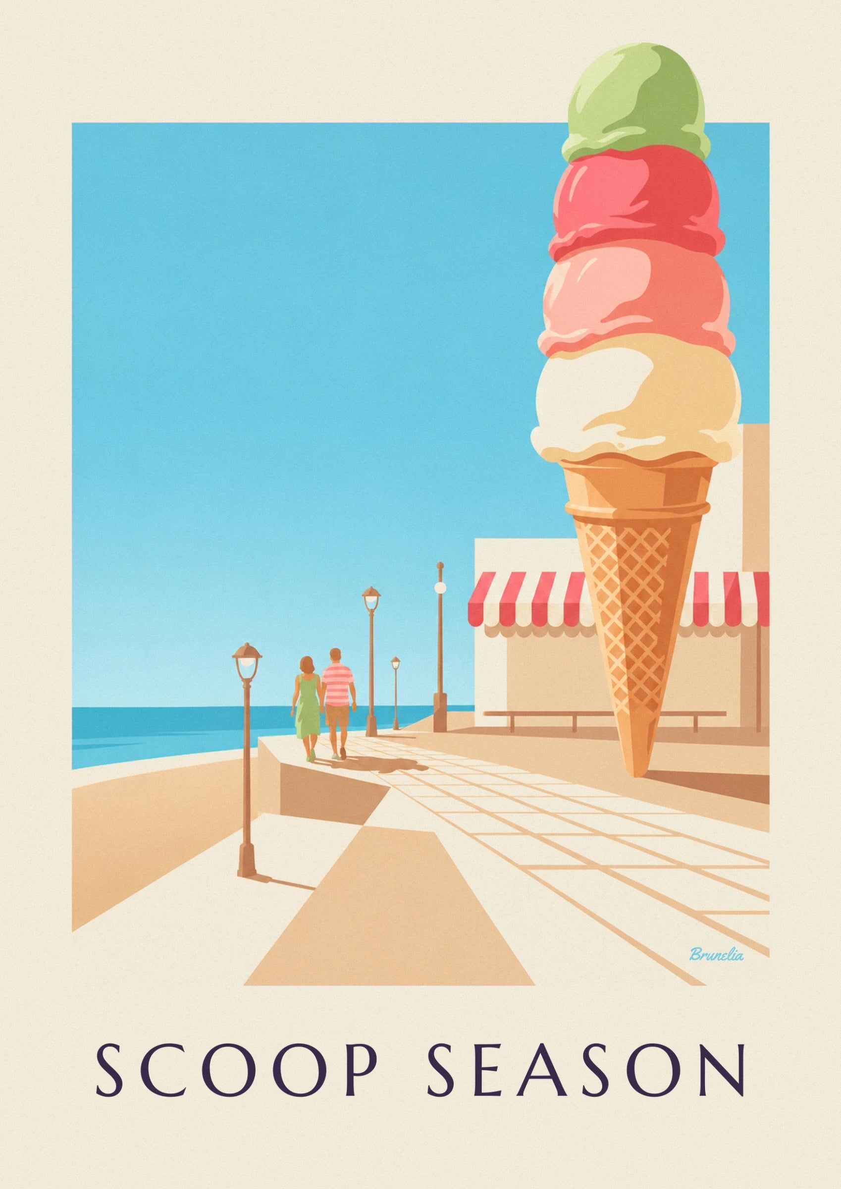 The pale green, pink and yellow scoops of ice cream against a blue background