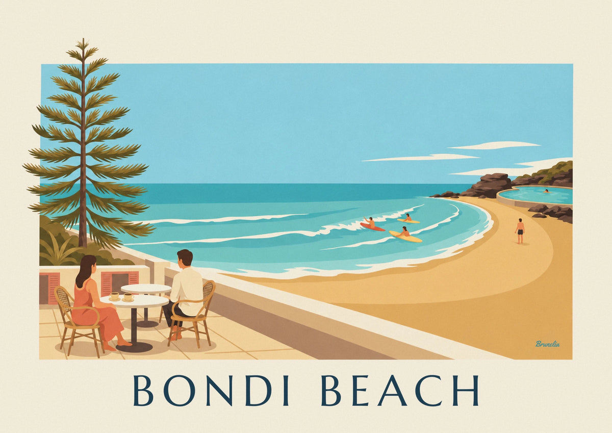 Affiche café en terrasse face à la plage de Bondi à Sydney