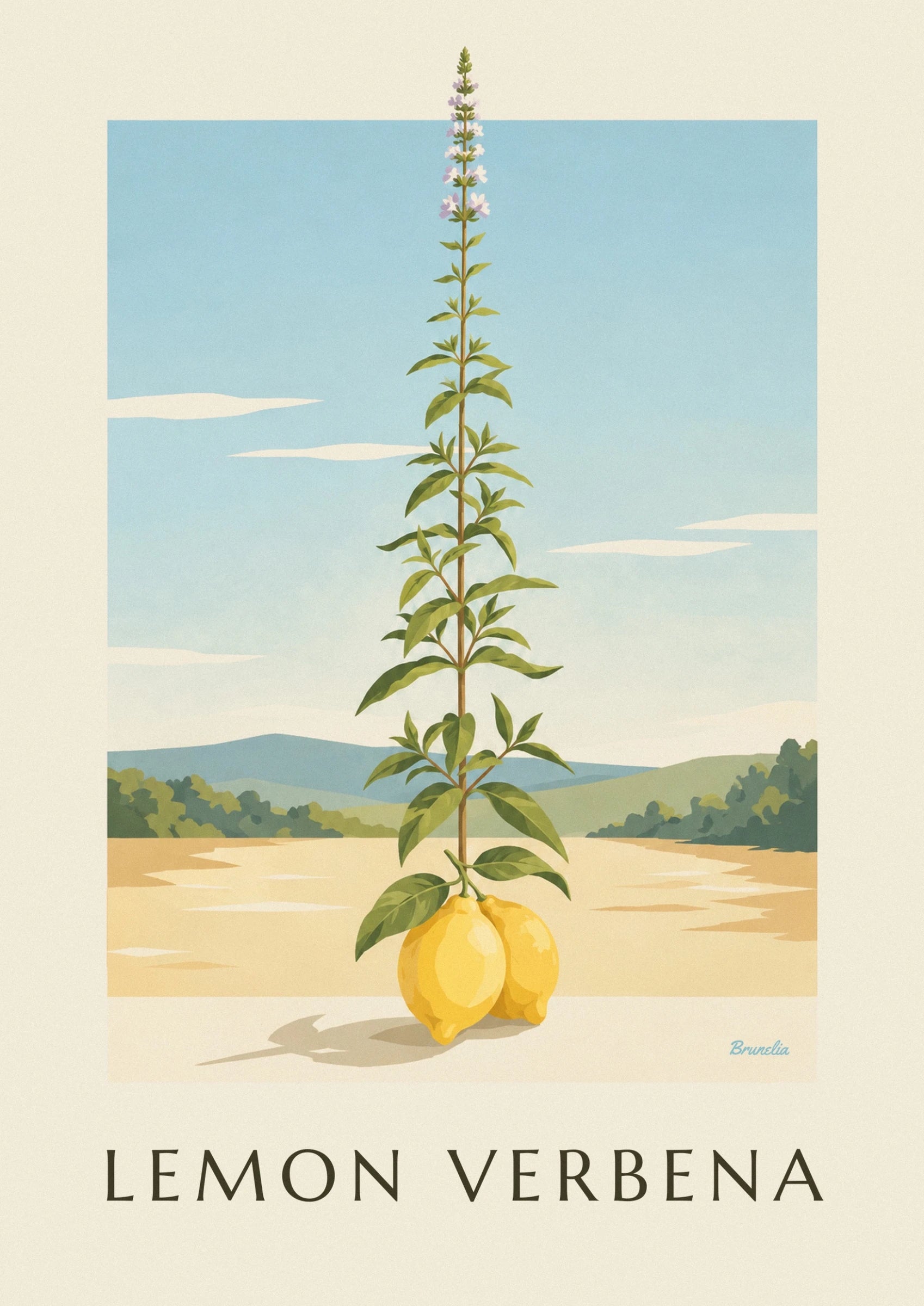 The 2 yellow lemons beneath their green leaves, in front of bluish hills