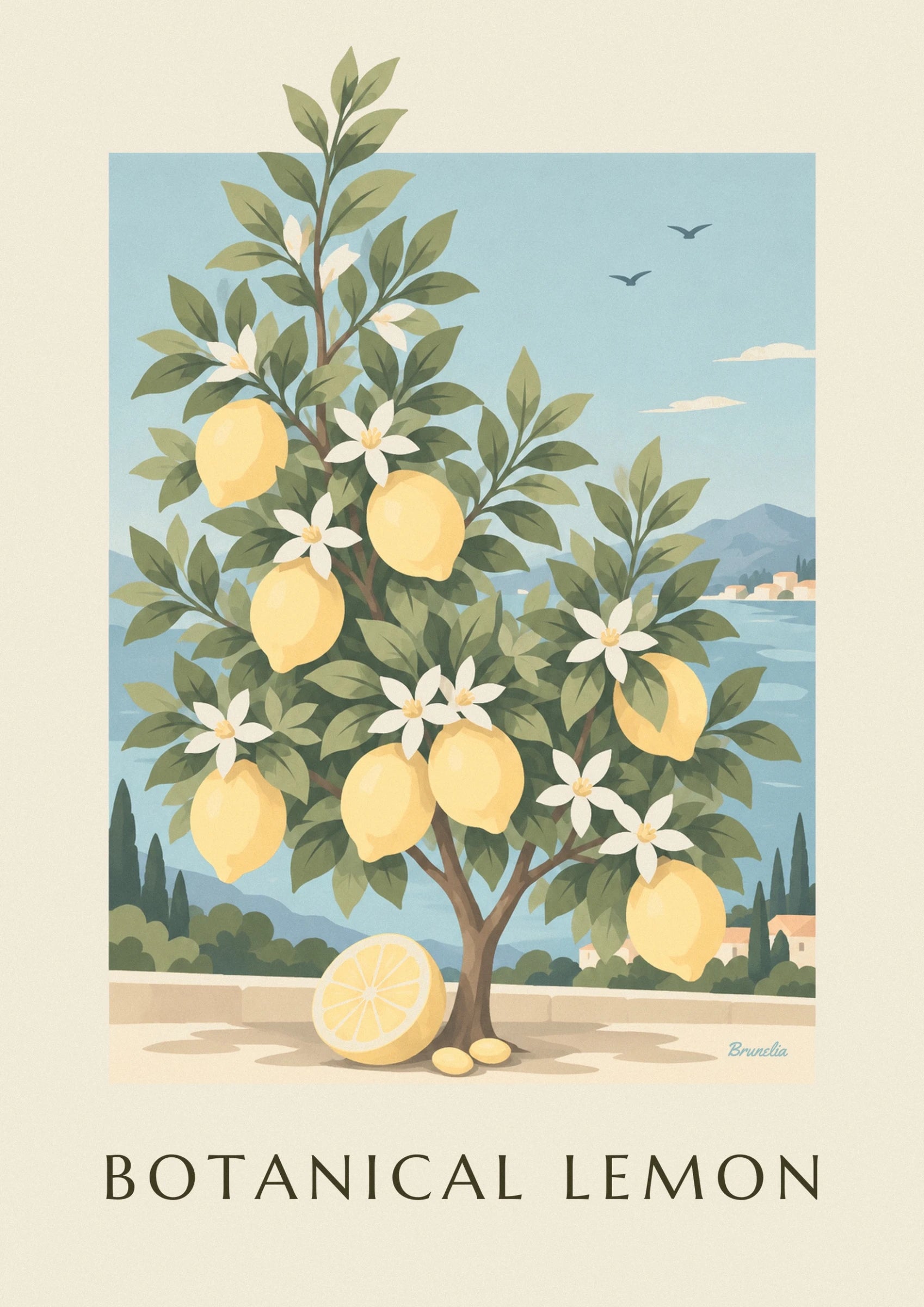 Yellow lemons and white star-shaped flowers among the lemon tree’s leaves