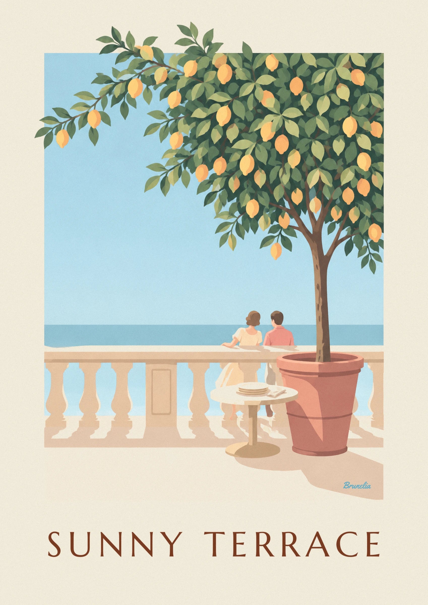 The couple leaning on the balustrade facing the sea, beside the large terracotta pot