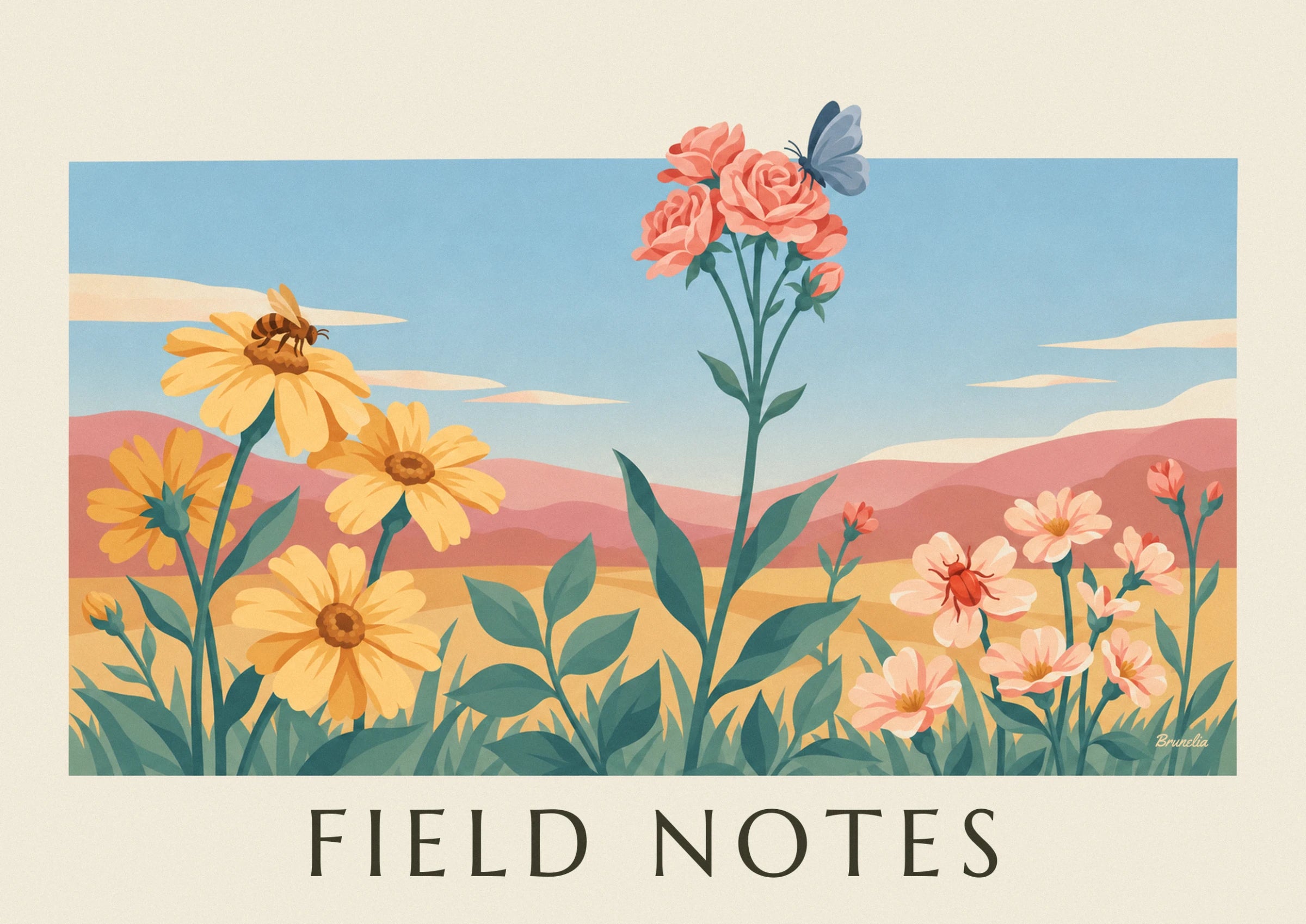 A bunch of salmon-pink roses on green stems, with a blue butterfly wing above