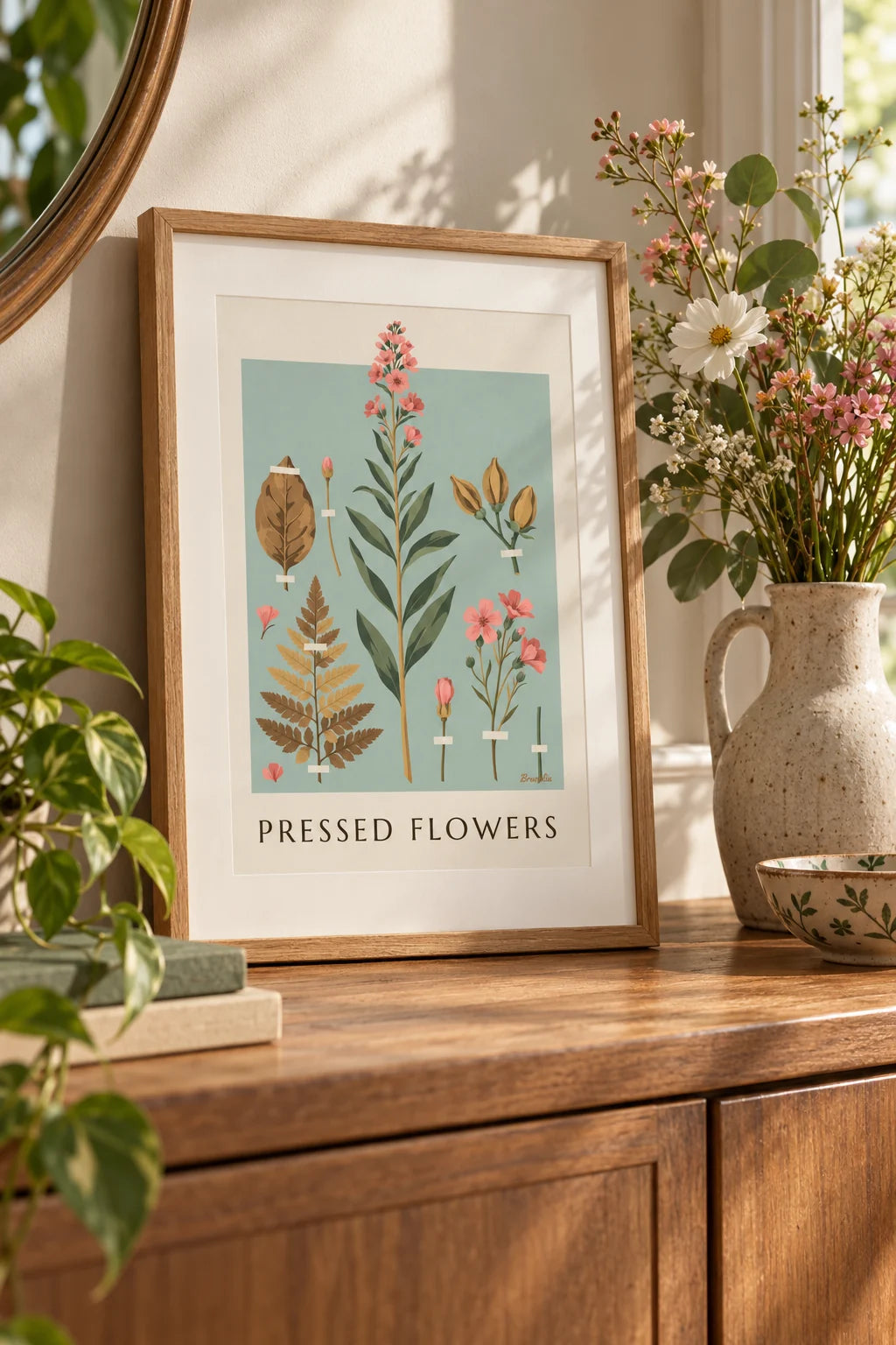 Poster of a herbarium of dried plants and flowers on cream paper: small size A4, framed