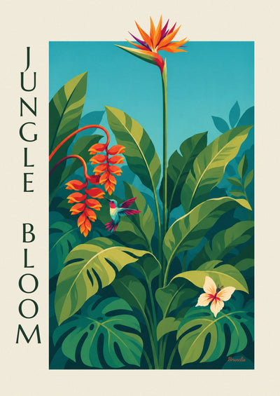 Tropical jungle poster with exotic flowers and a hummingbird: the full poster
