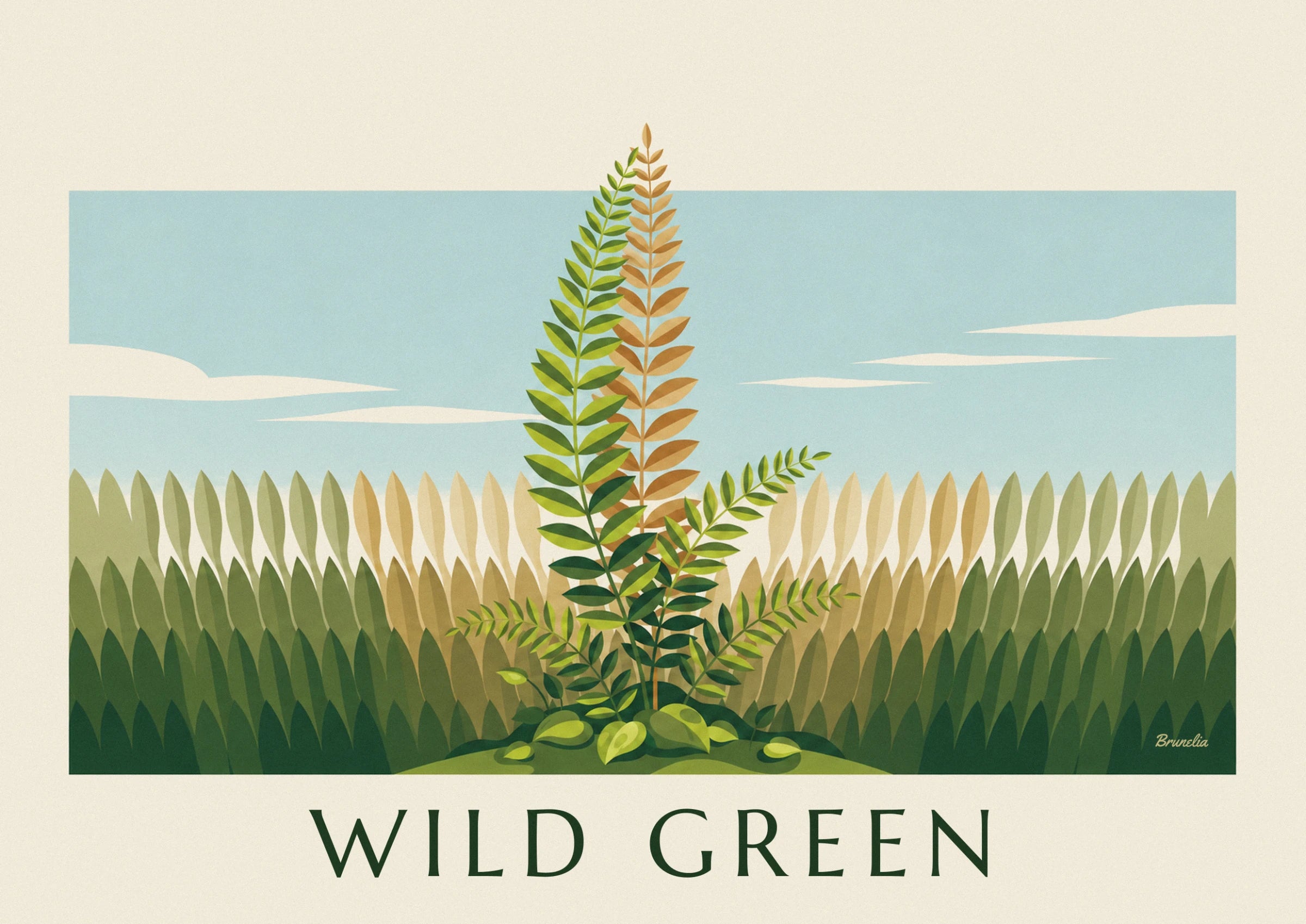 A green fern beside a golden-brown fern, against a pale blue sky