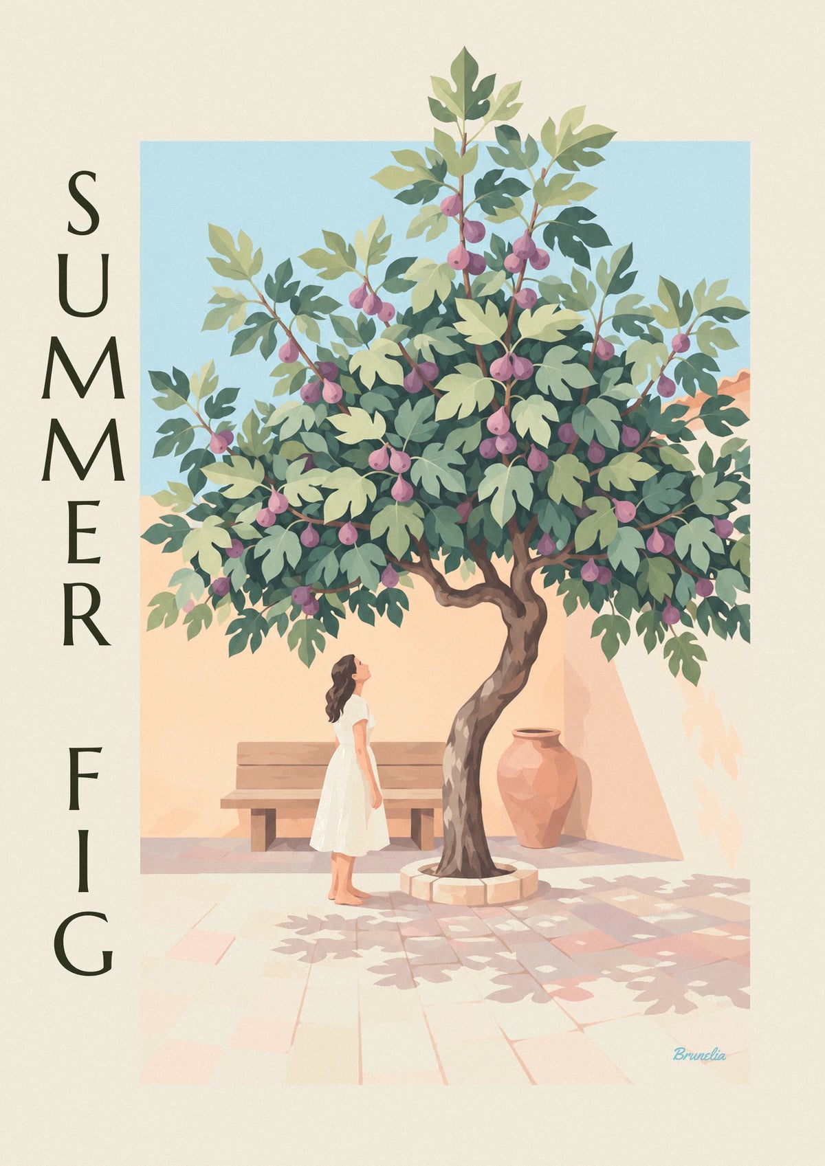 Fig tree laden with purple figs in a stone courtyard poster