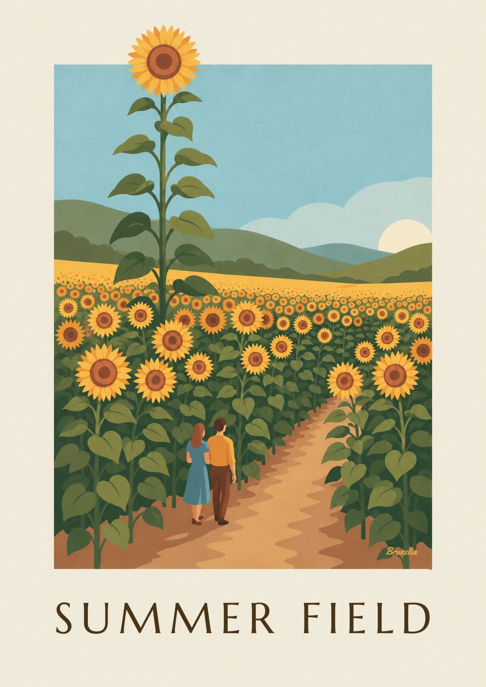 Un grand tournesol sur sa haute tige feuillue, face au ciel bleu clair