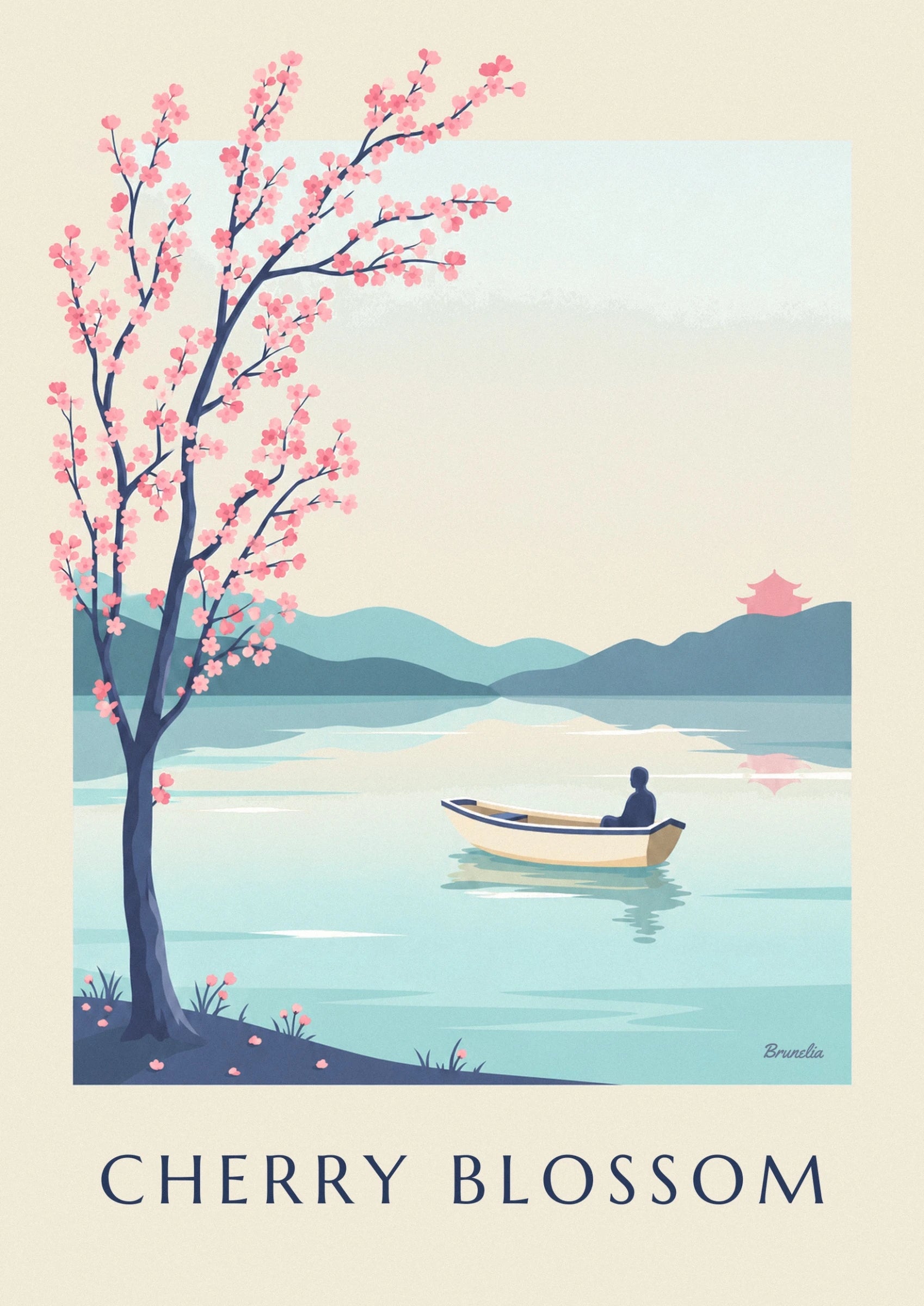 A cherry branch laden with pink blossom, in front of the pale lake