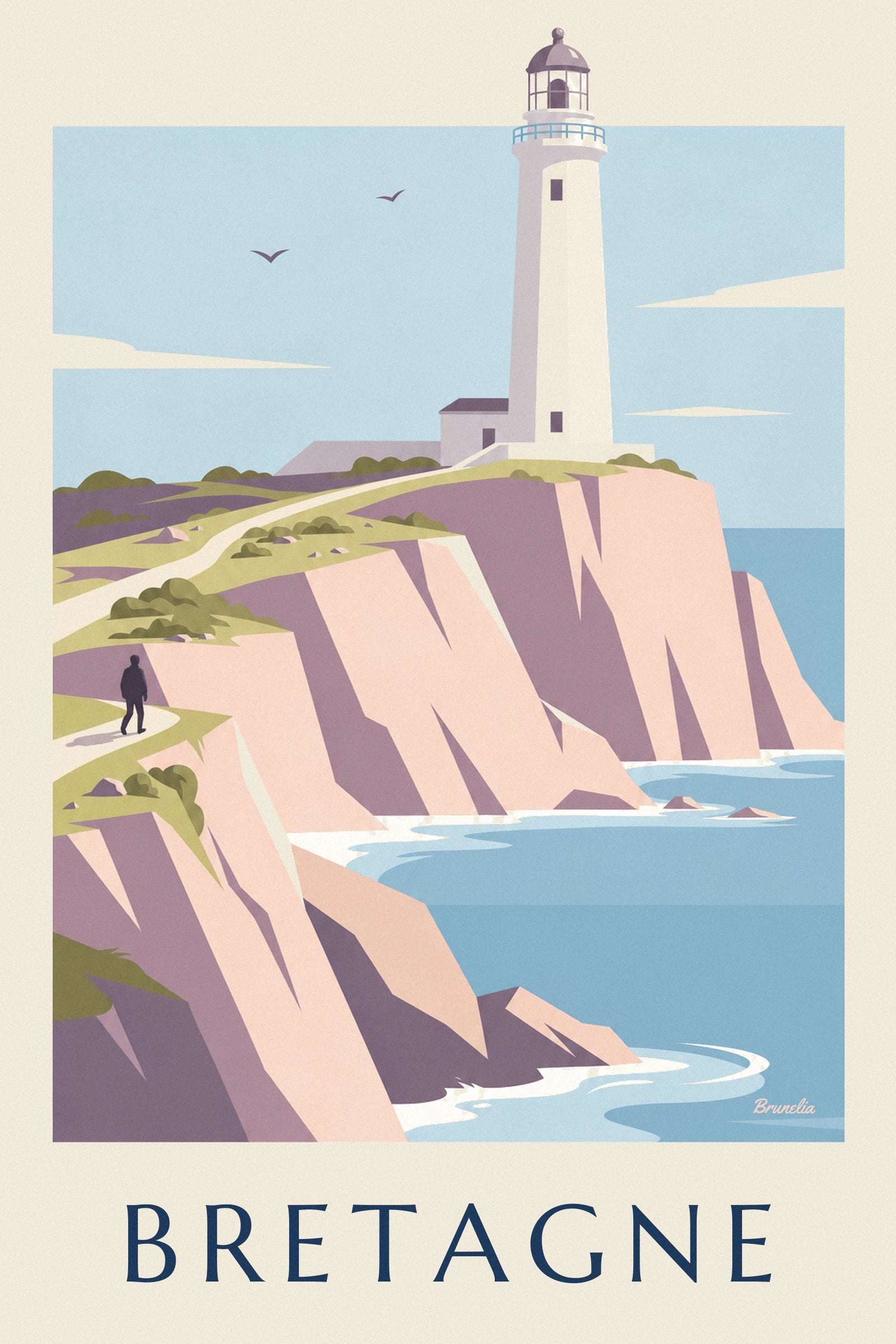 The white lighthouse with its grey lantern, facing the pale blue sea and a seagull