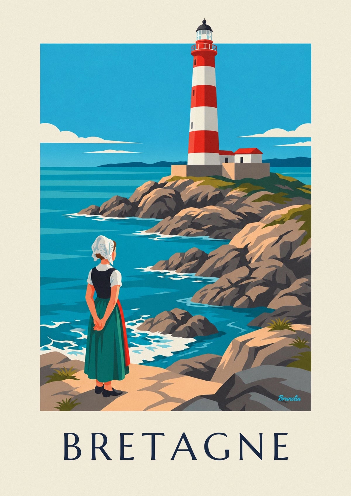 Affiche femme en coiffe bretonne devant un phare rouge et blanc
