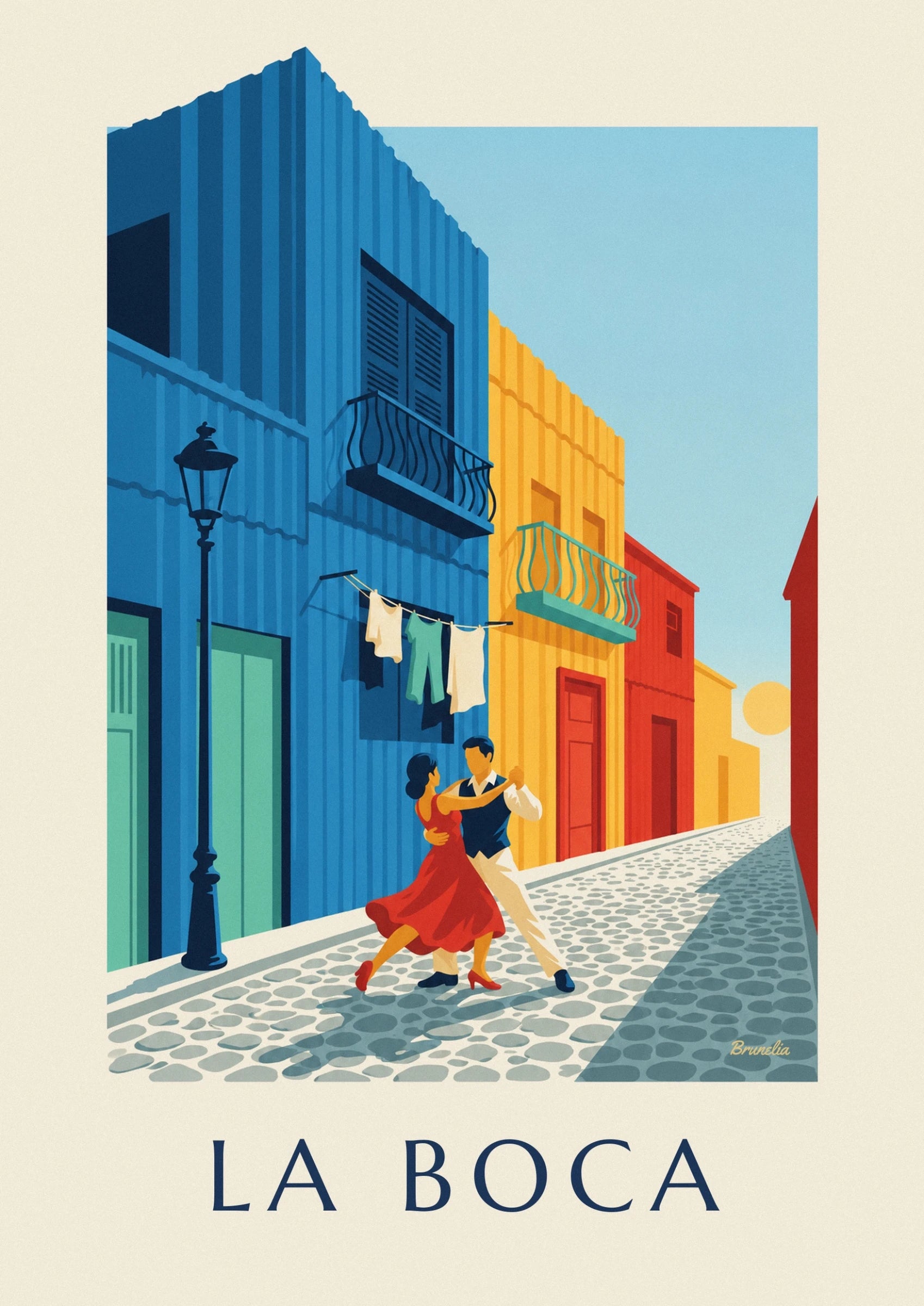 The tango couple in a red dress and navy waistcoat on the cobbles of La Boca