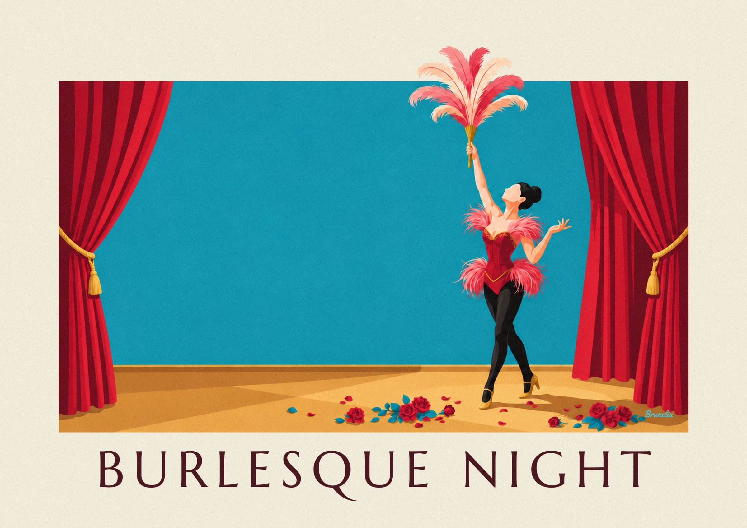 The cabaret dancer in a red corset with pink feathers and black stockings