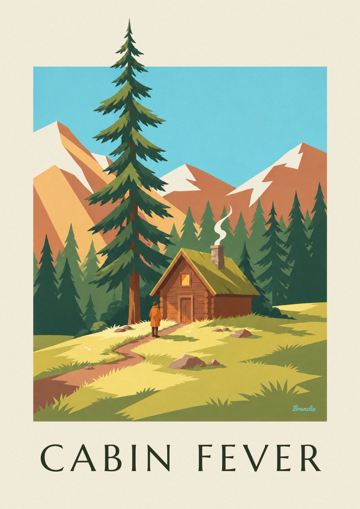 Wooden cabin in a mountain pine forest poster