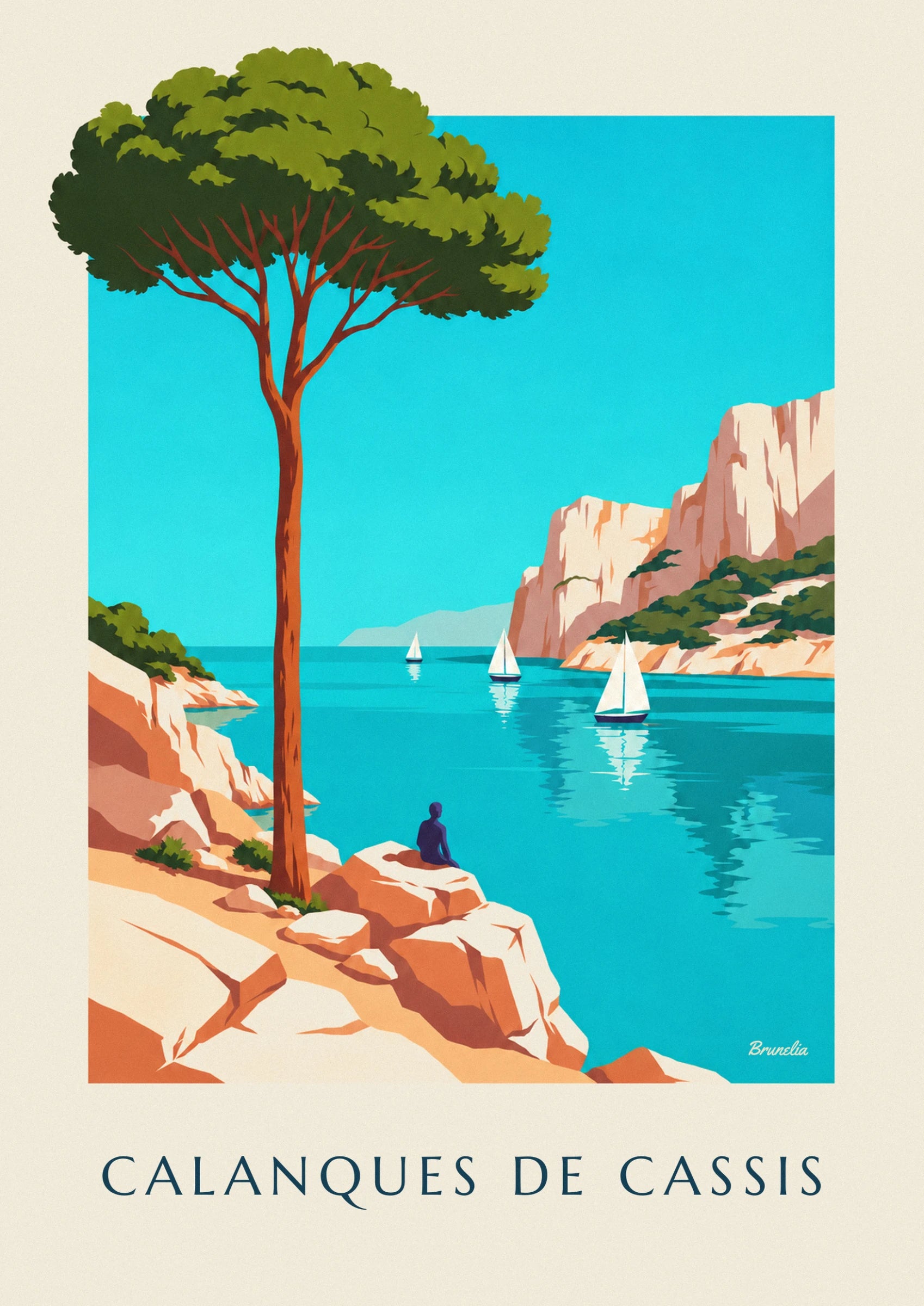 The umbrella pine with its rust-coloured trunk above the turquoise water of the cove