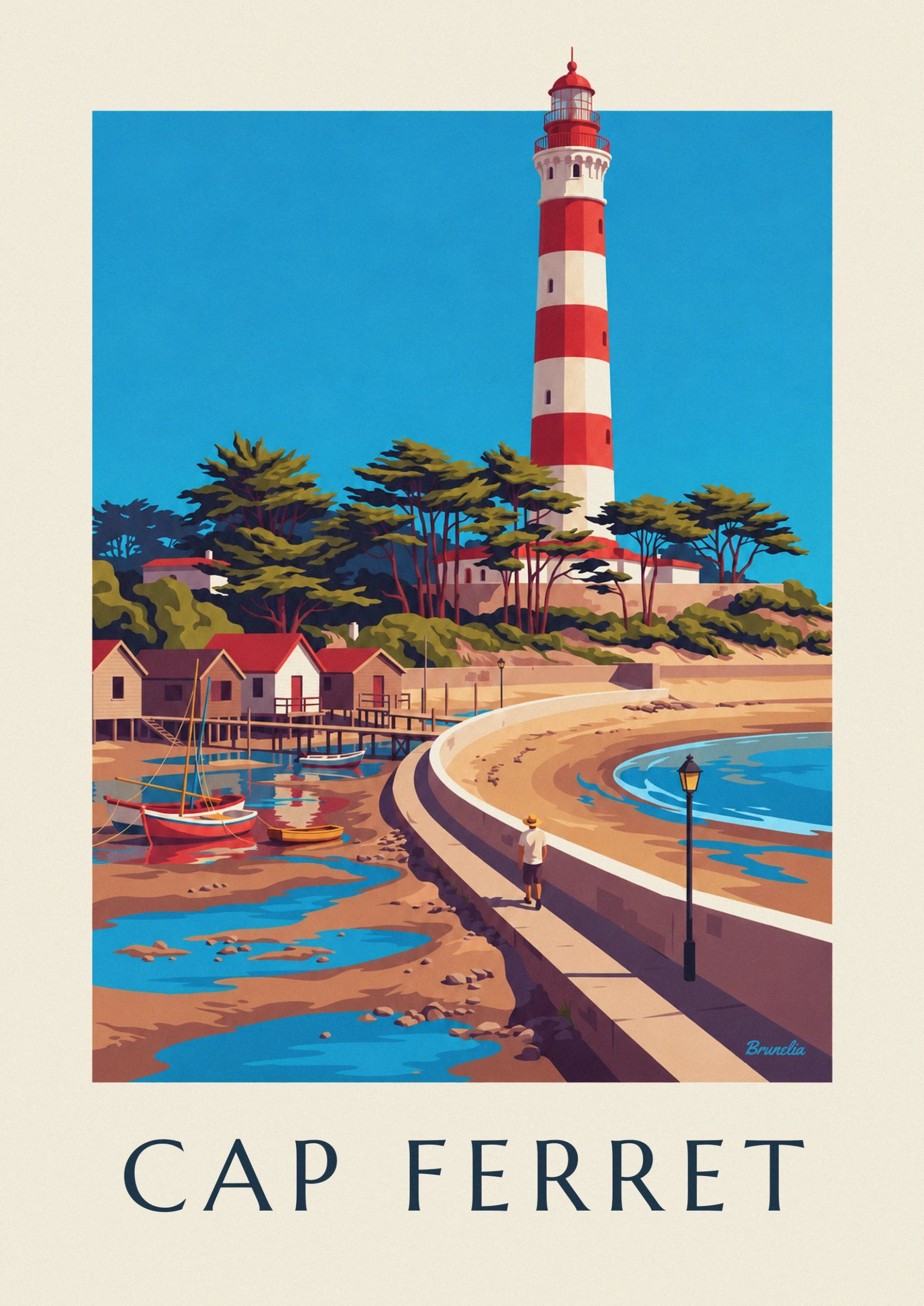 The red and white striped lighthouse rising into the blue sky above the pines