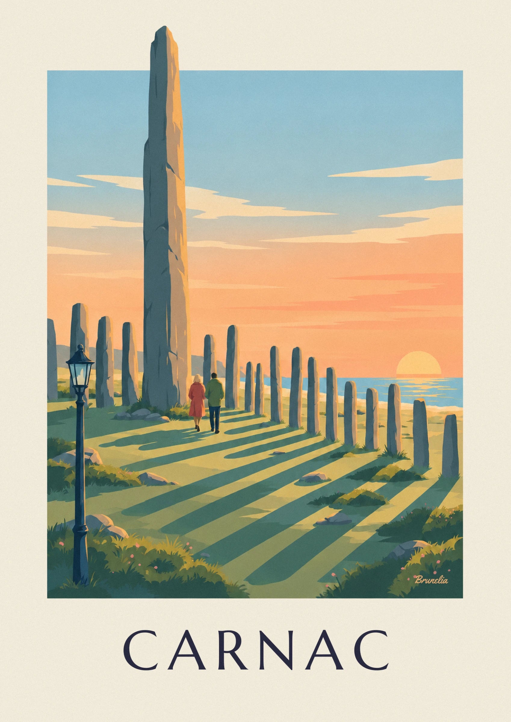 Le couple en manteau rouge et veste verte qui marche entre les menhirs, sur l'herbe rayée d'ombres