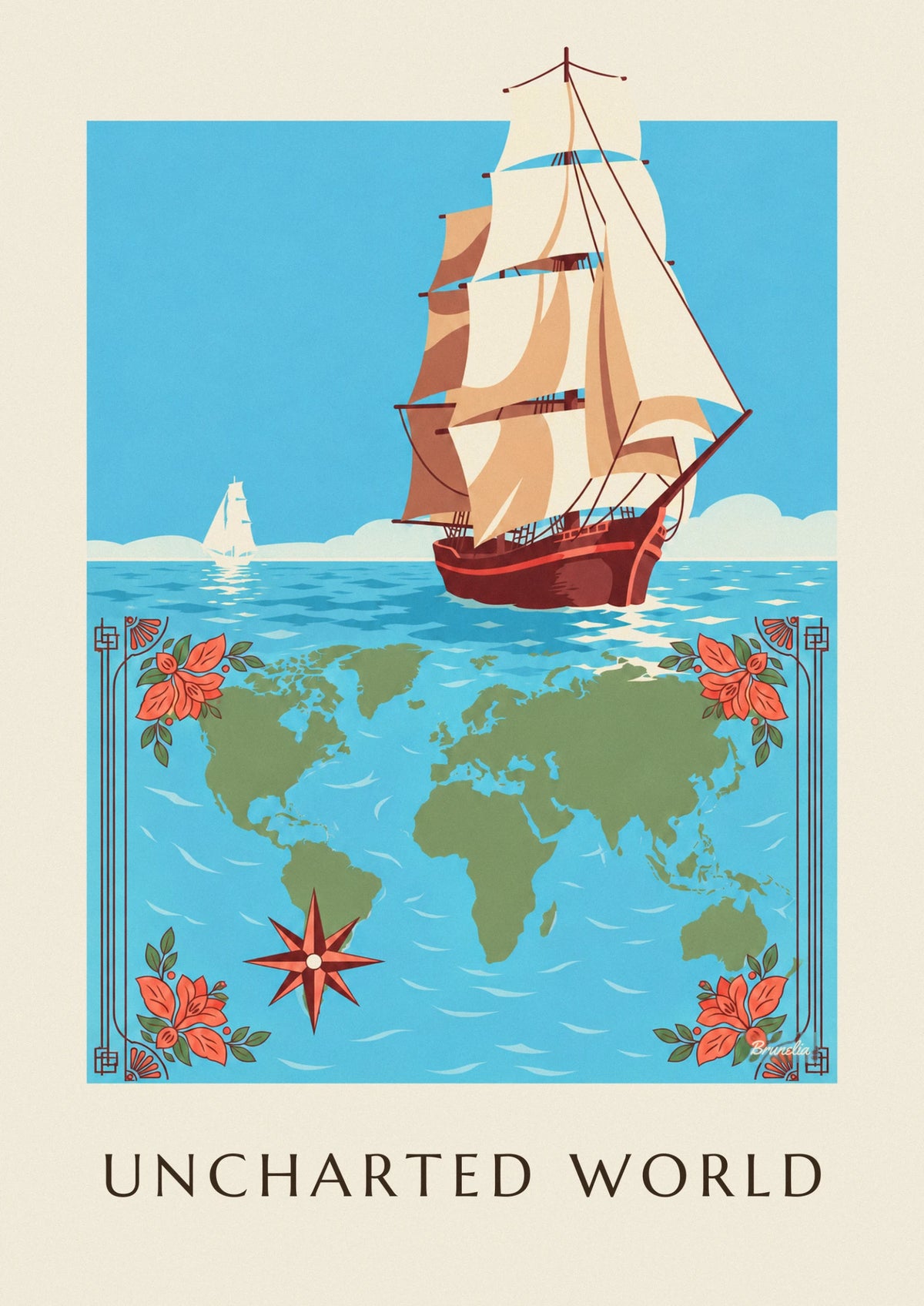World map of explorers, sailing ships and compass rose poster
