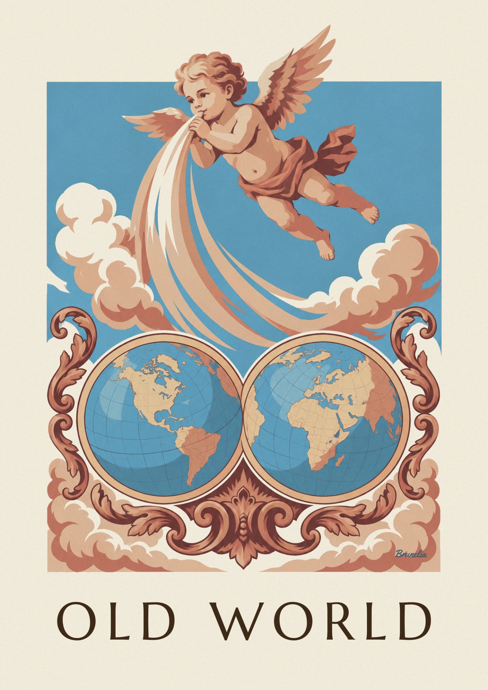 The winged cherub blowing into a long flowing scarf against a blue sky