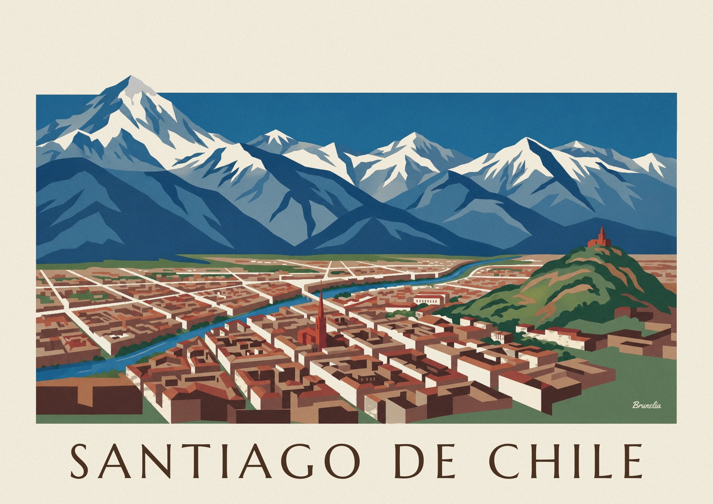 Affiche carte illustrée de Santiago du Chili et des Andes : détail en gros plan