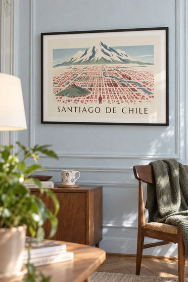 Poster of an illustrated map of Santiago, Chile and the Andes: framed on the wall