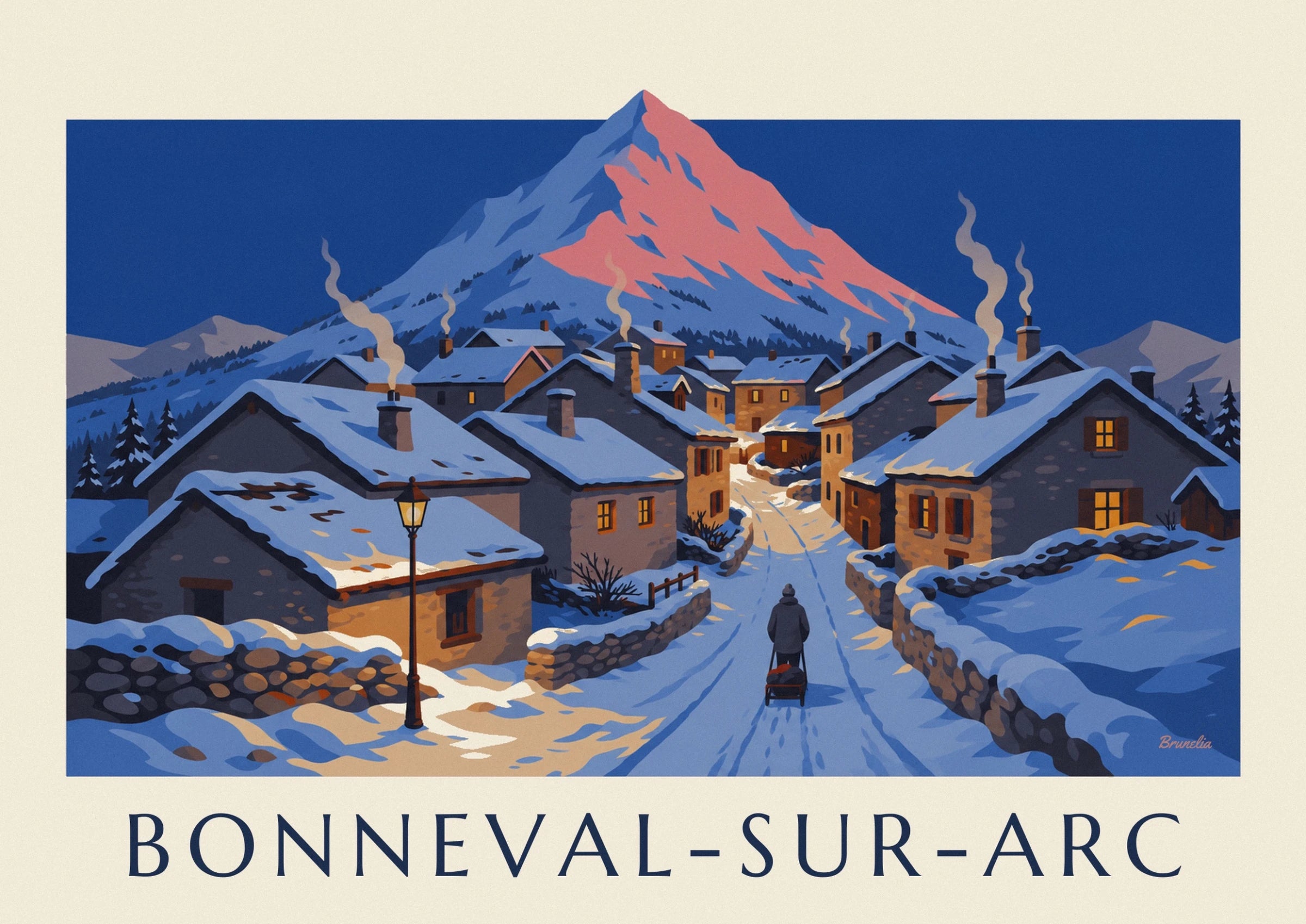 Le promeneur et sa luge chargée, seul dans la ruelle enneigée du village