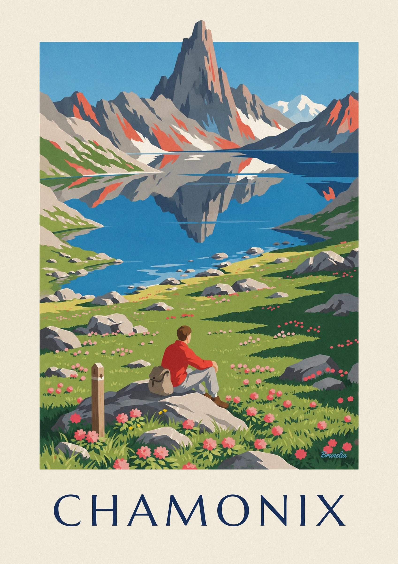 Le randonneur en pull rouge assis sur son rocher, face aux rhododendrons en fleurs