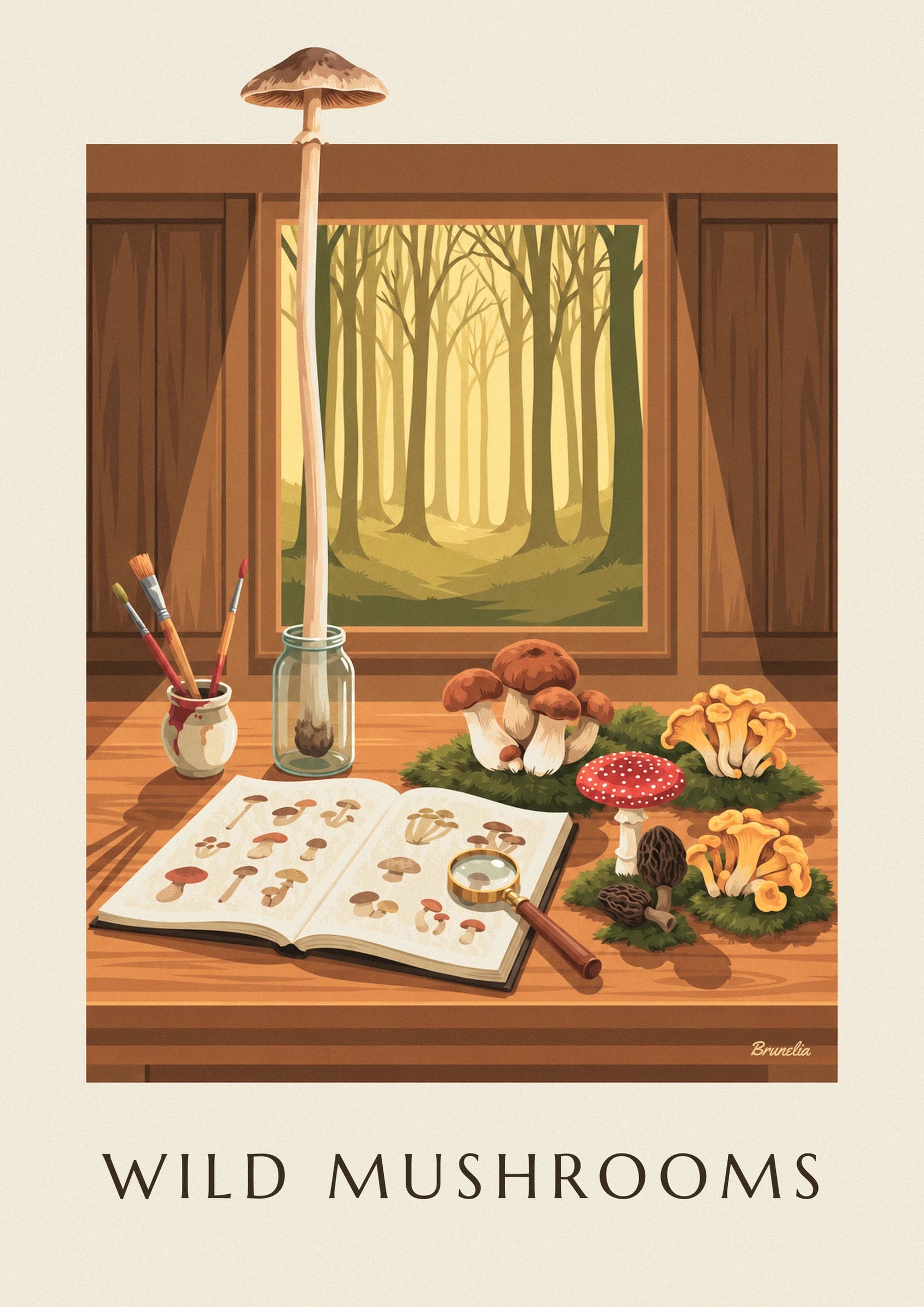 Cèpes, girolles, amanite rouge et morilles sur la mousse, près du carnet et de la loupe