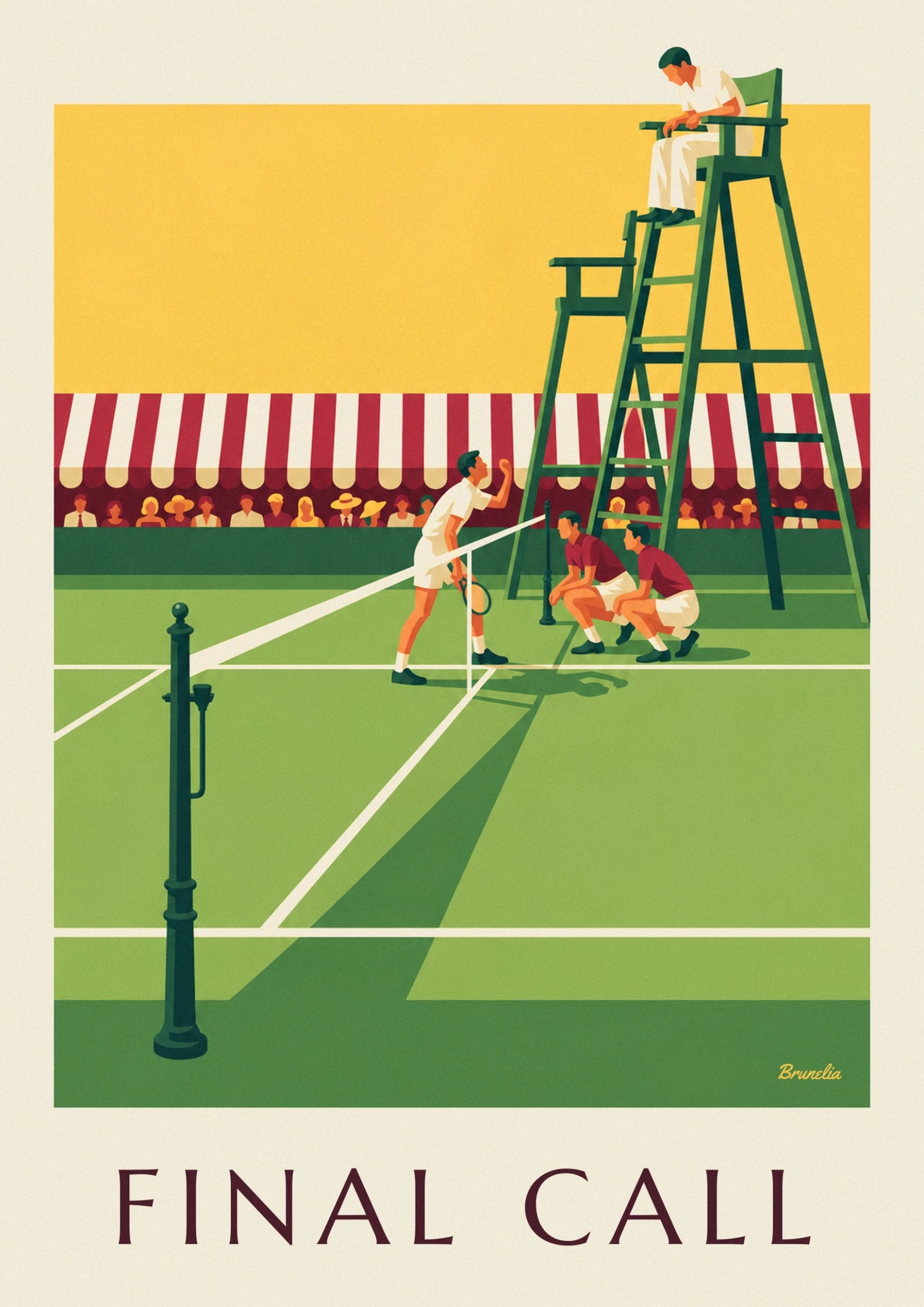 The umpire in white on his tall green chair, his head bent towards his knees