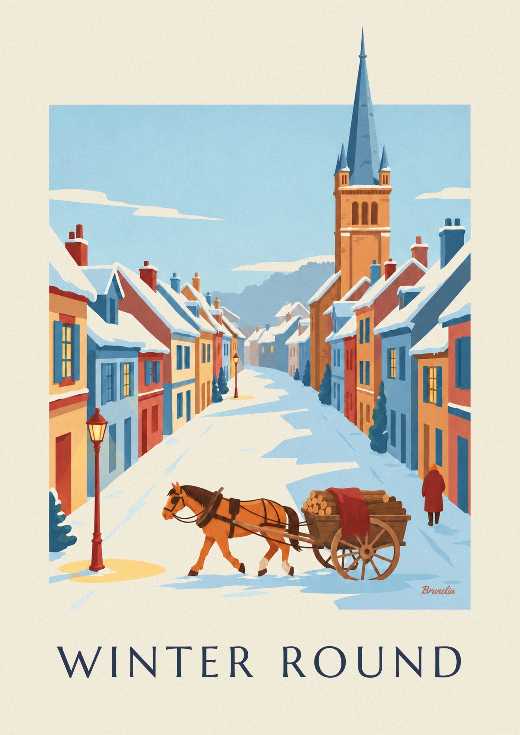 The horse and its cart loaded with logs in the snowy street lined with colourful houses