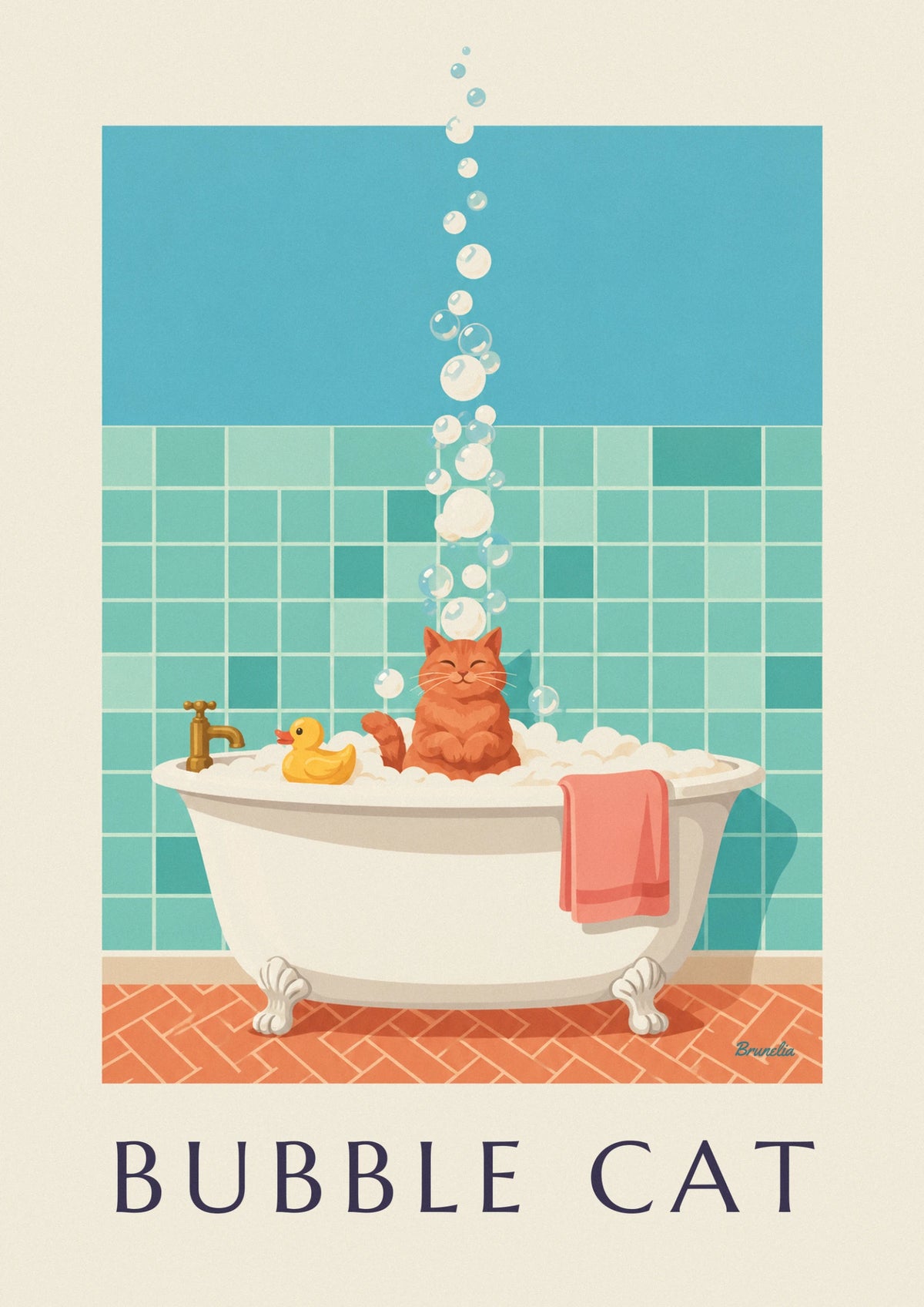 Affiche chat dans une baignoire pleine de mousse