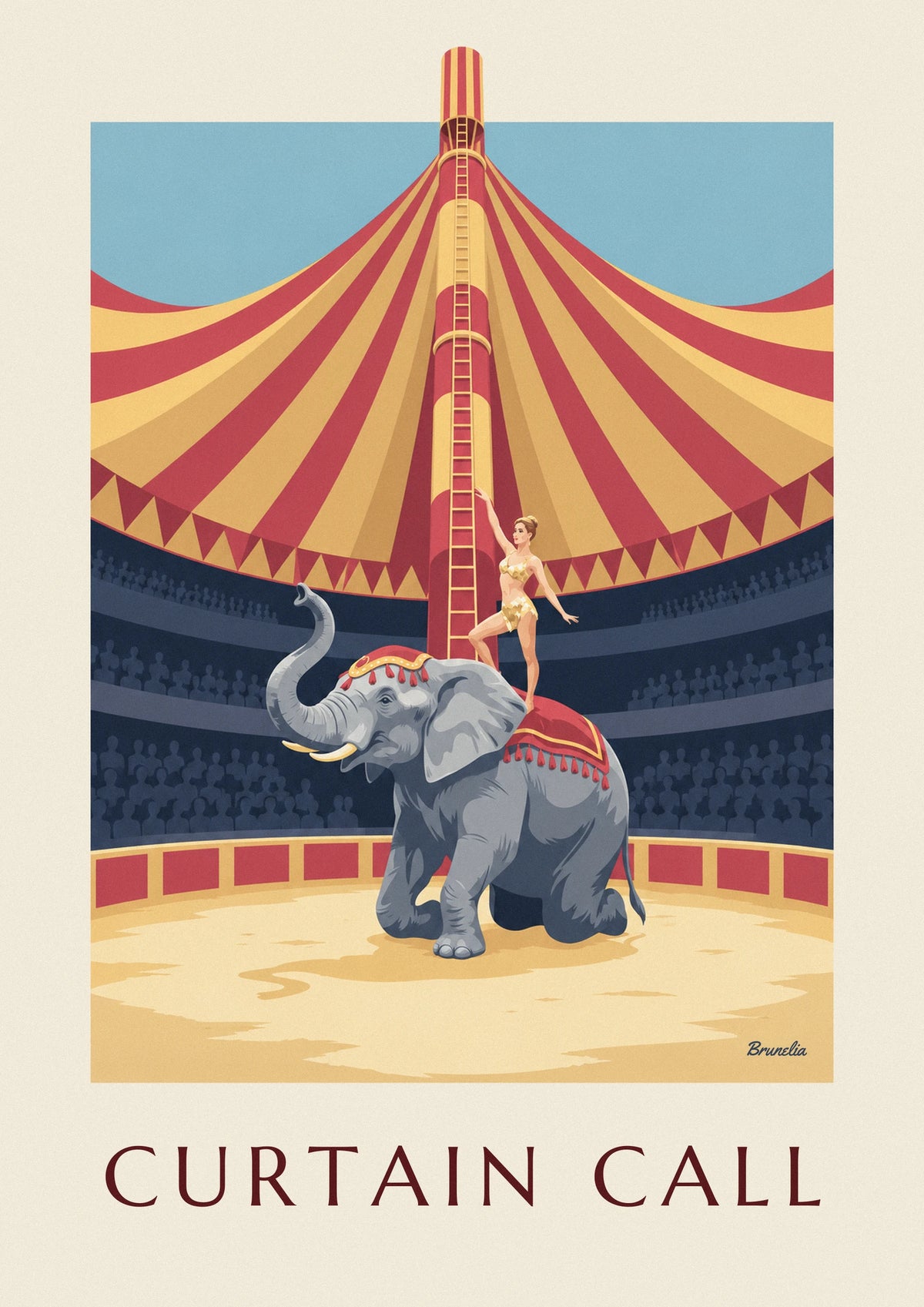 Affiche éléphant agenouillé et acrobate sous le grand chapiteau