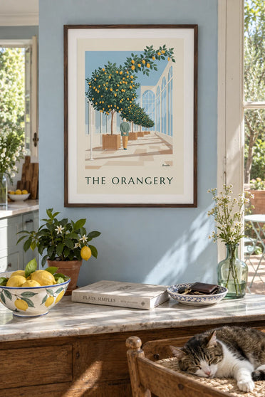 Poster of potted lemon trees in a glass orangery: framed on a wall