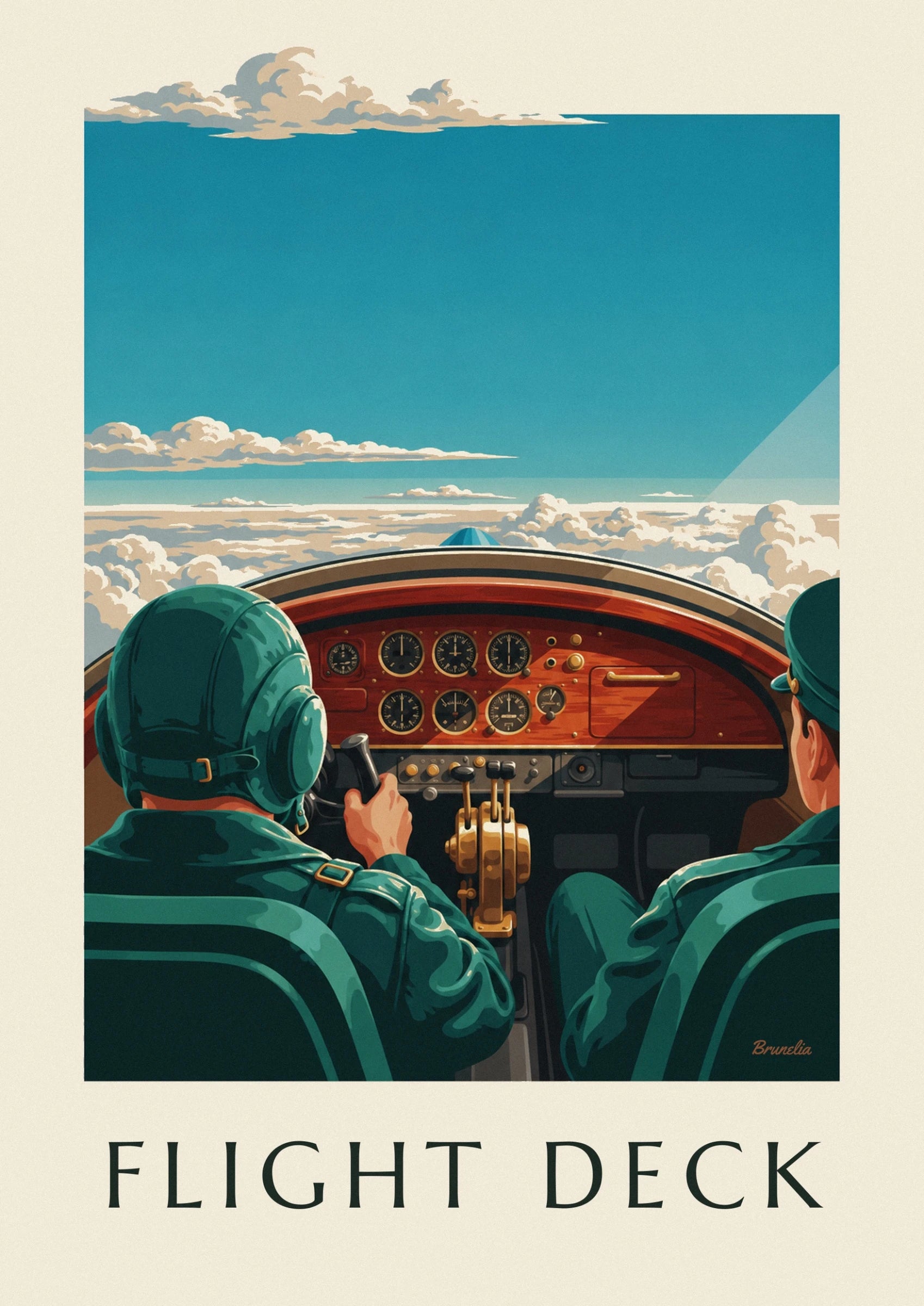 The brass-rimmed black dials and levers on the red wooden dashboard