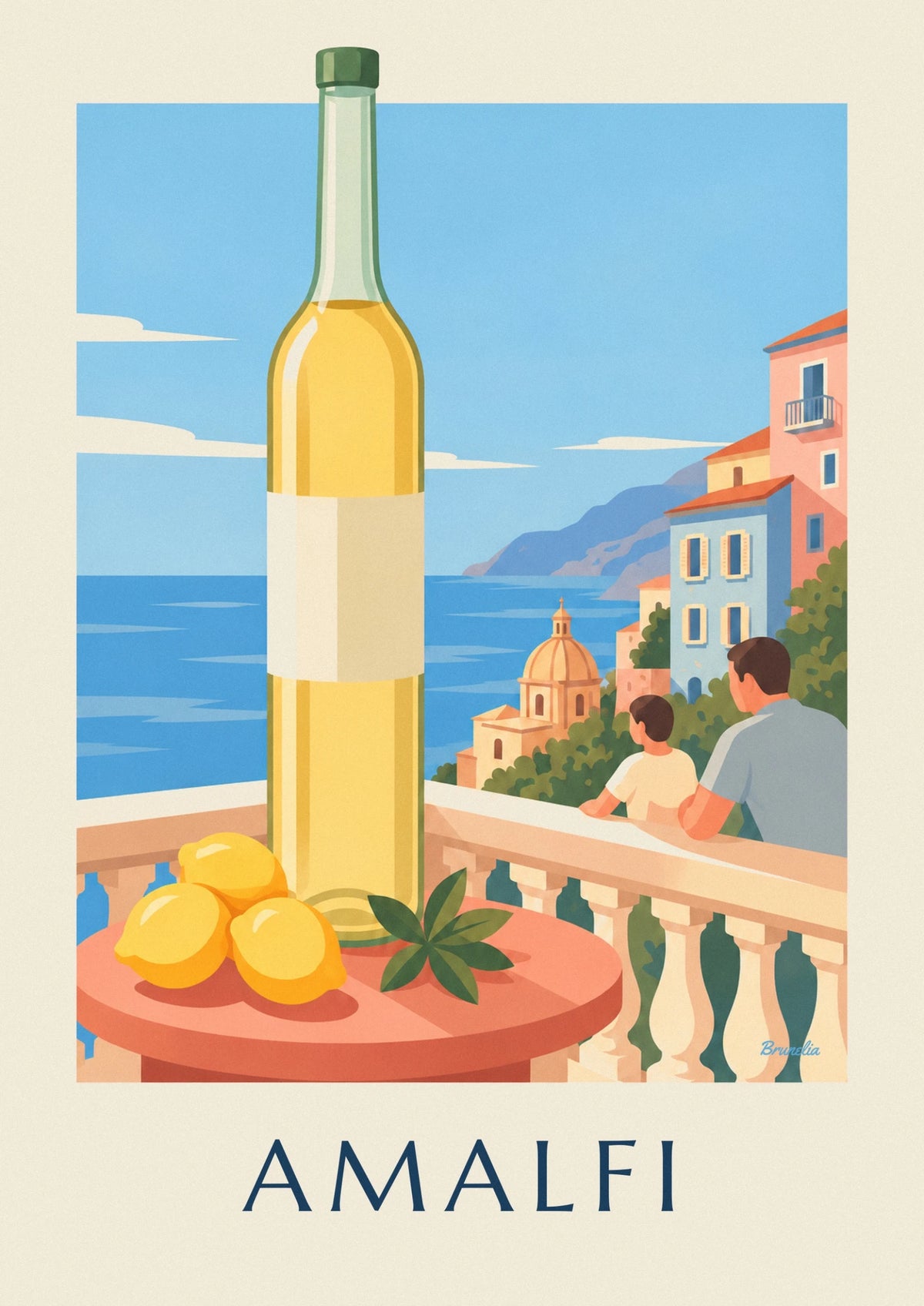 Affiche bouteille de limoncello et citrons sur la côte amalfitaine