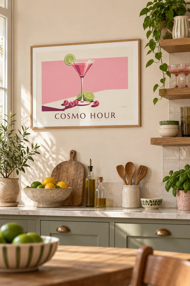 Raspberry and lime Cosmopolitan cocktail poster : framed on the wall