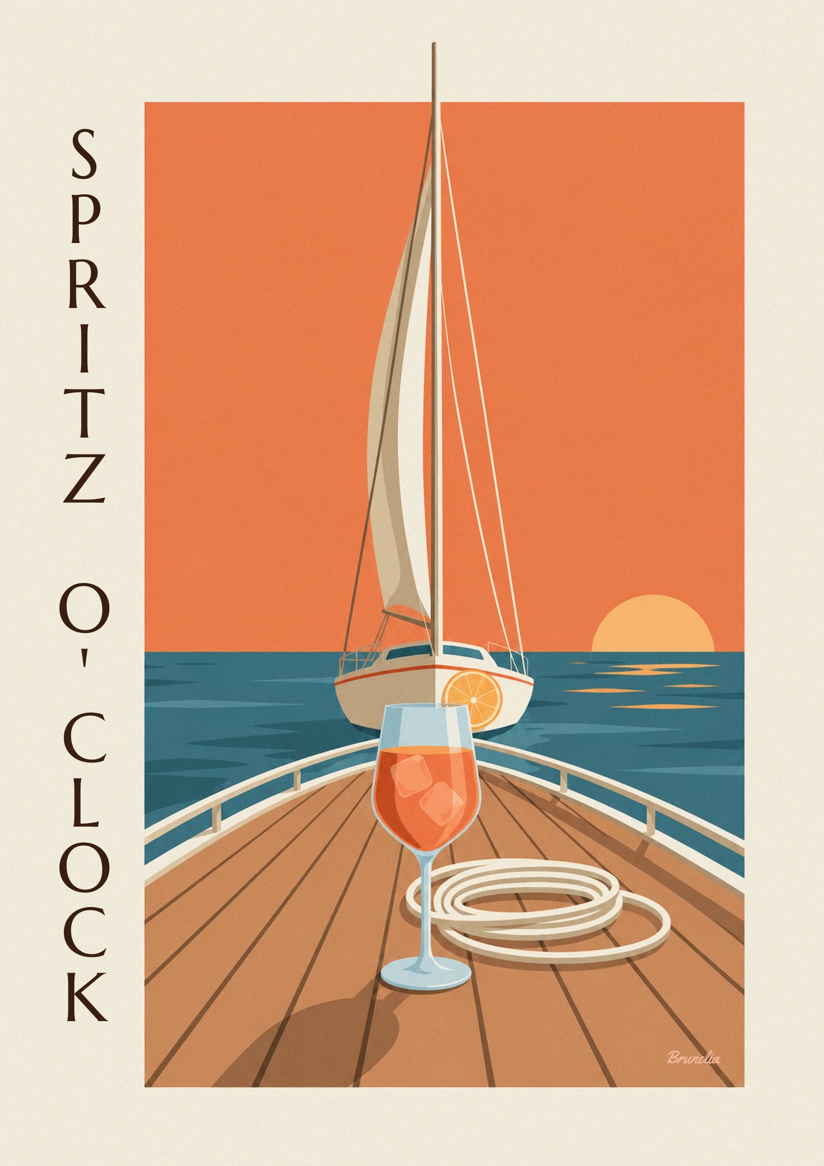 A glass of spritz with orange ice cubes and a coiled rope on the wooden deck
