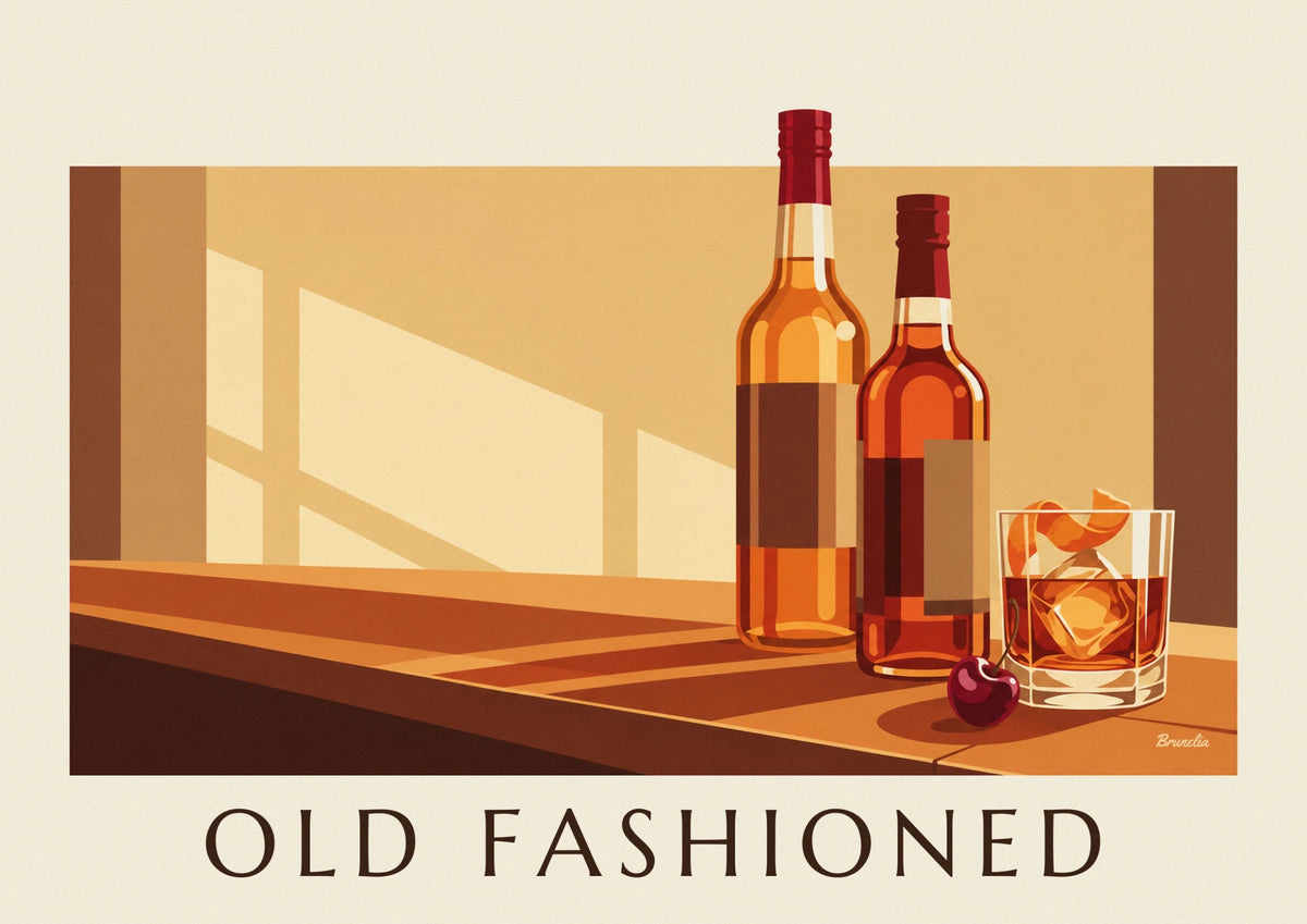 Crystal glass Old Fashioned cocktail on wooden bar poster