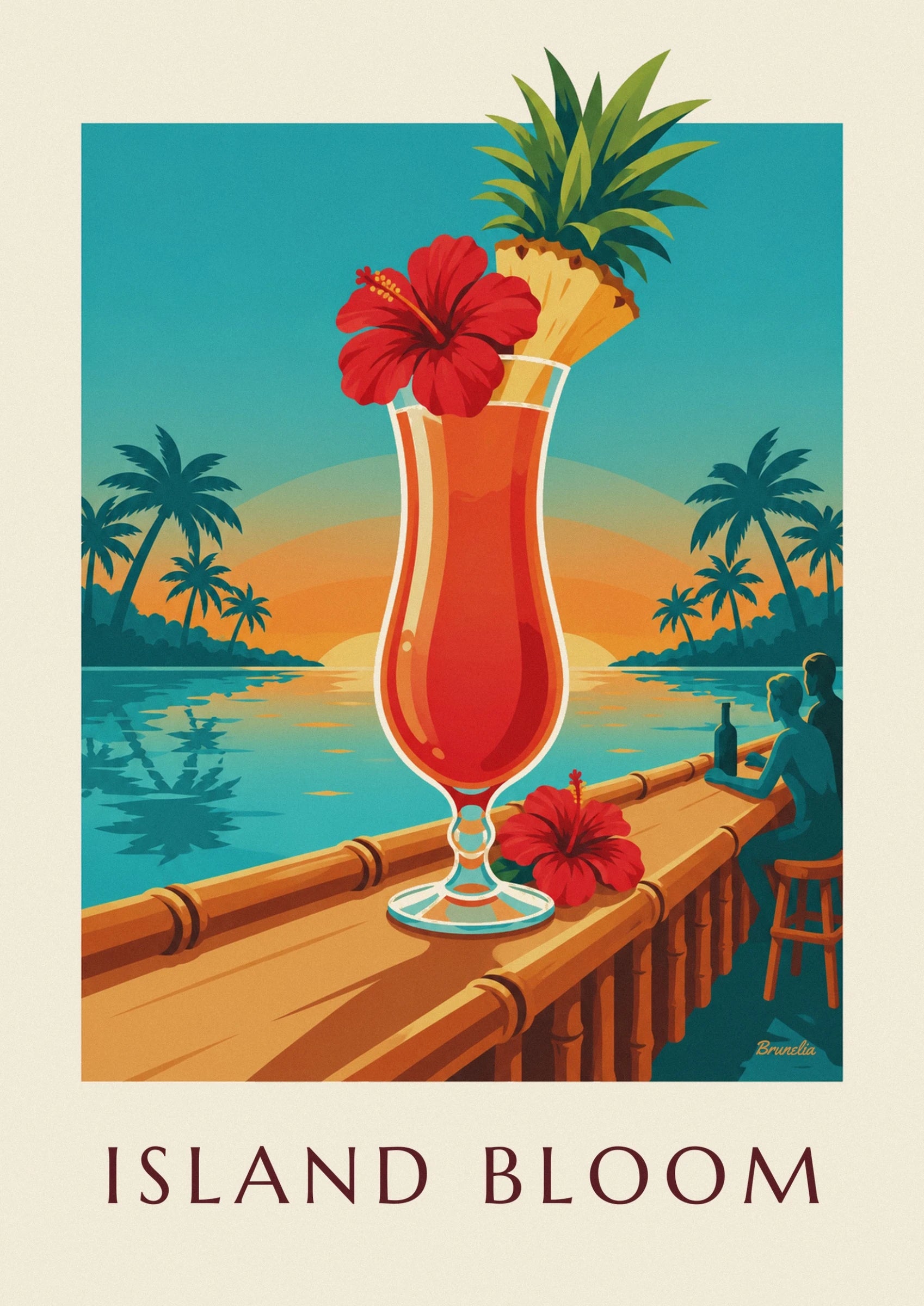 A curved glass holding an orange cocktail, topped with a red hibiscus flower