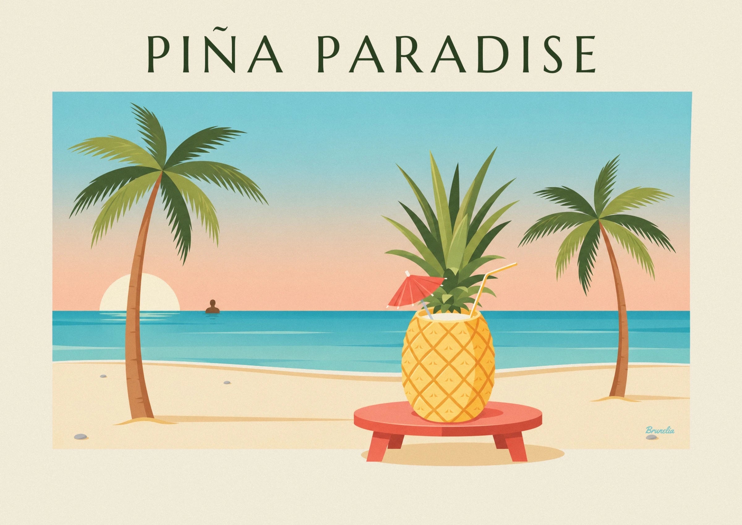 The cocktail served in a golden pineapple on a red table by the beach
