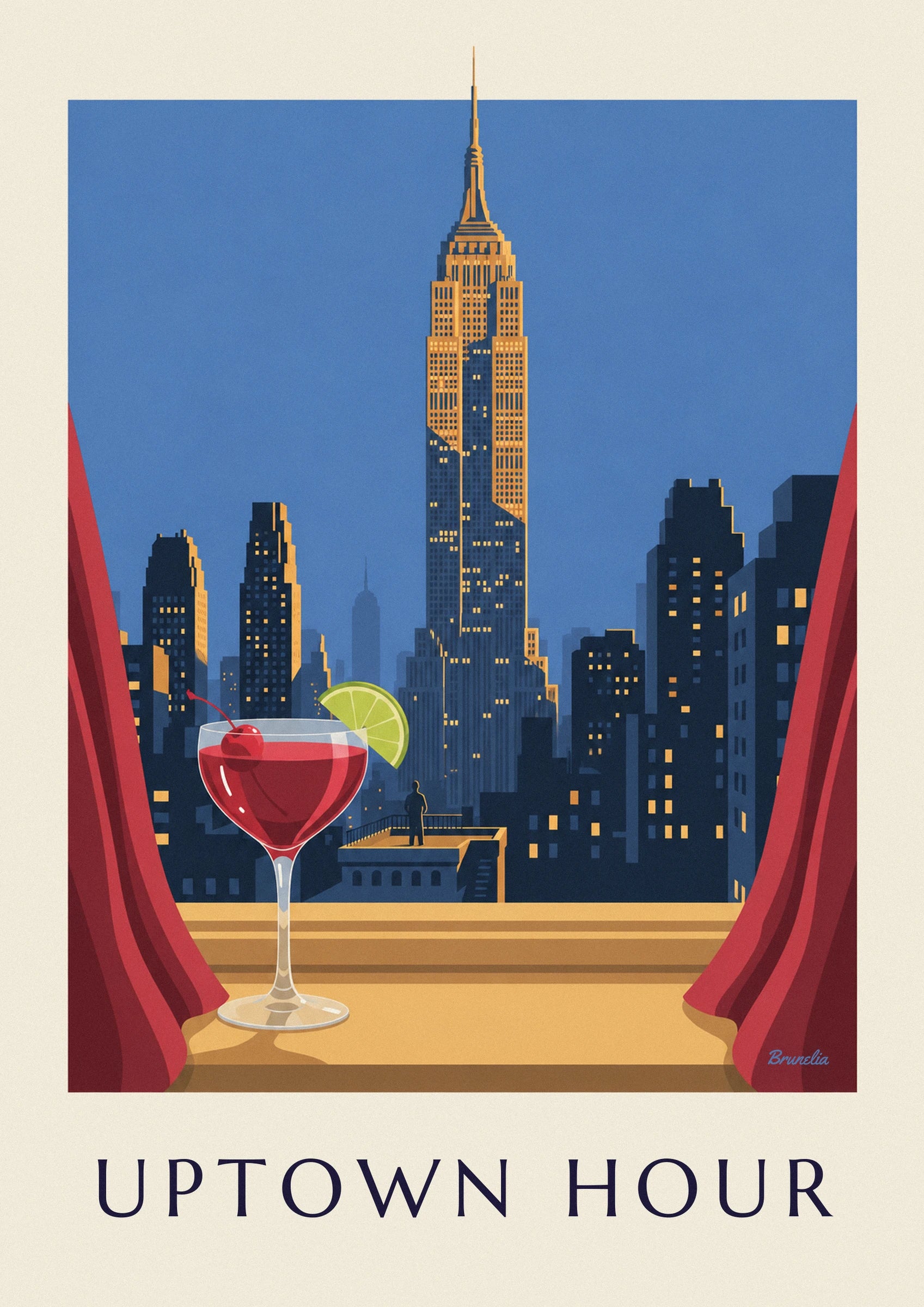 A red cocktail with a cherry, a lime slice and a red curtain on the terrace